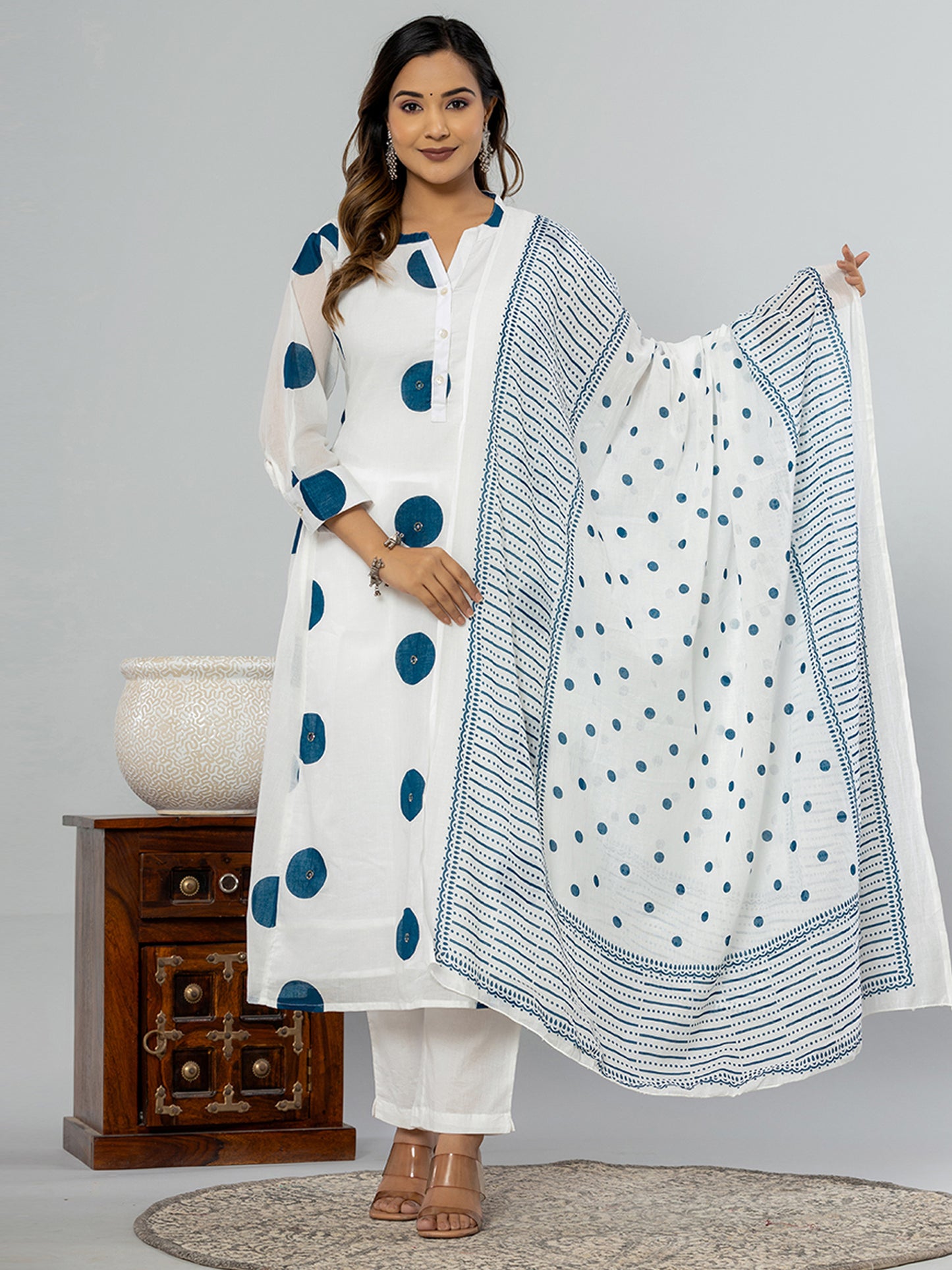 IE Off White Printed A-Line Kurta Trousers With Dupatta set