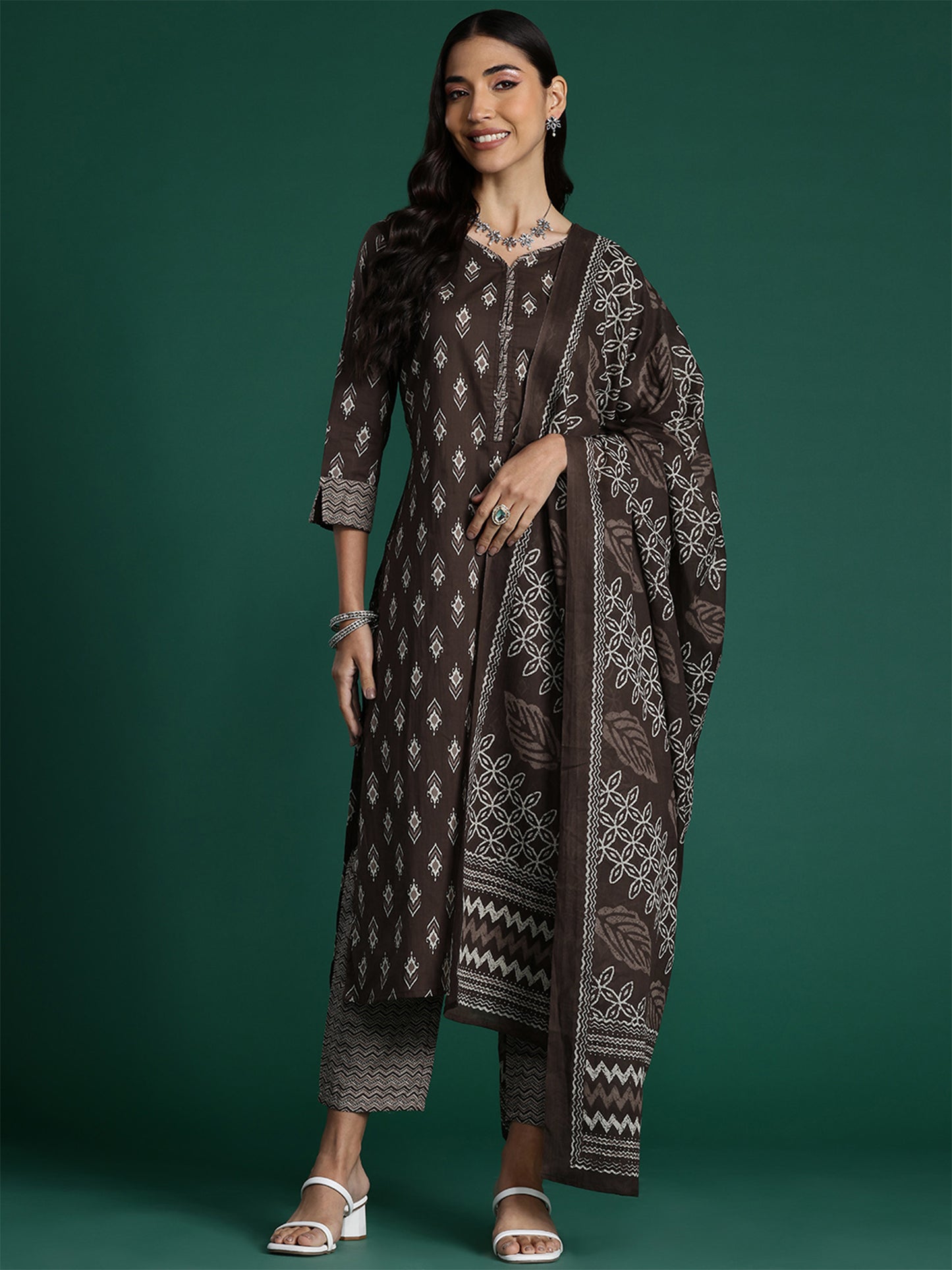 IE Brown Printed Straight Kurta Trousers With Dupatta set