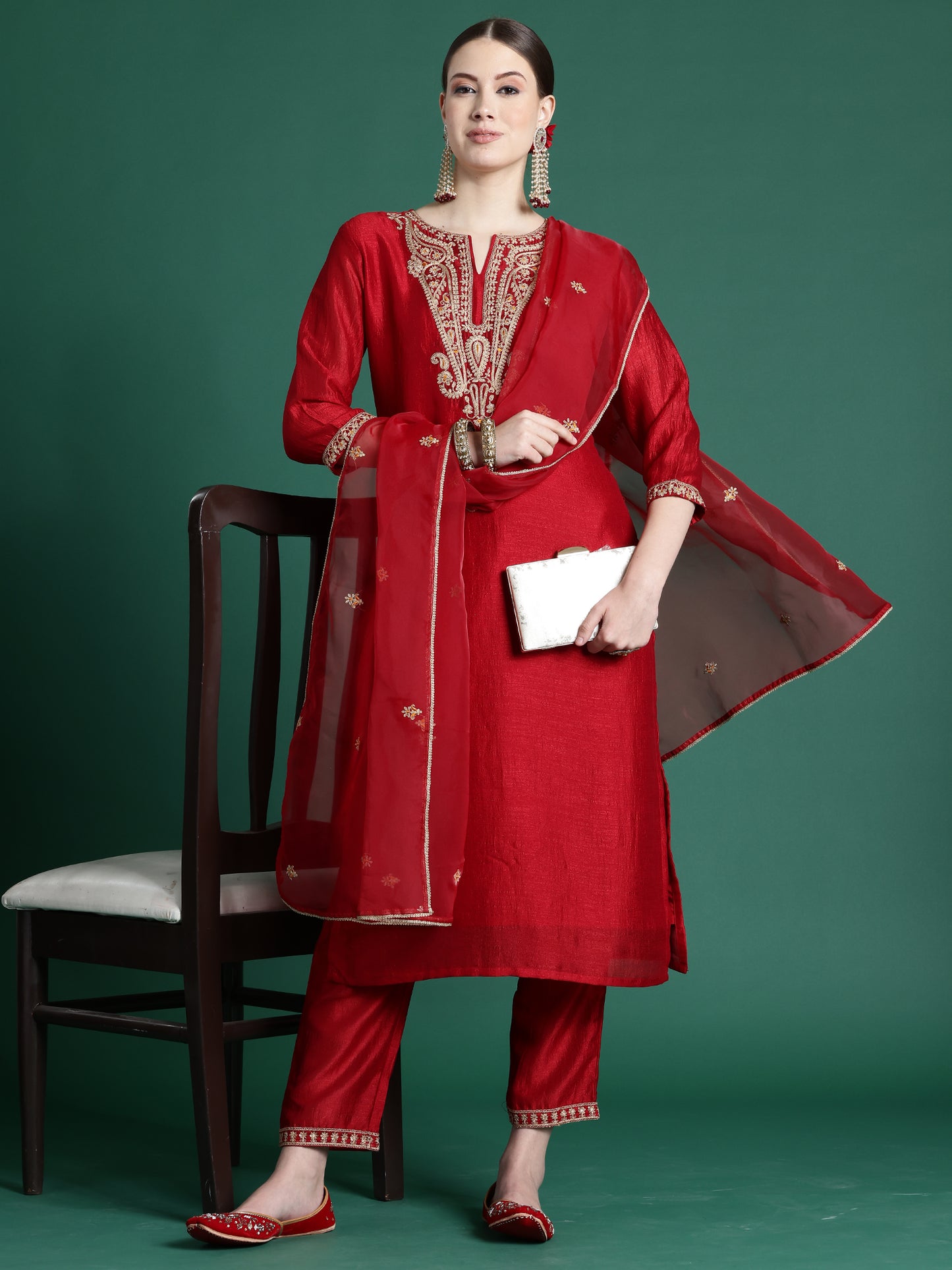 IE Red Embroidered Straight Kurta Palazzos With Dupatta set