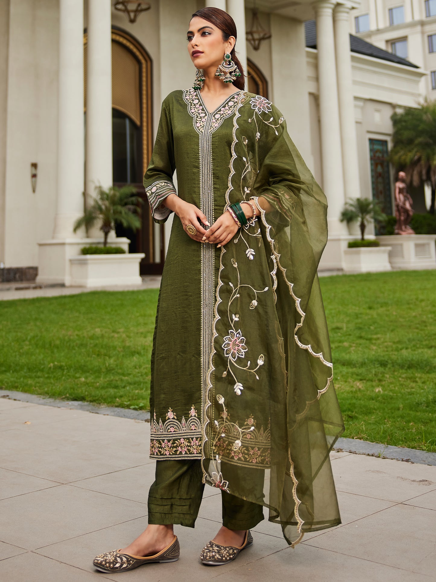 IE Green Embroidered Straight Kurta Trousers With Dupatta Set