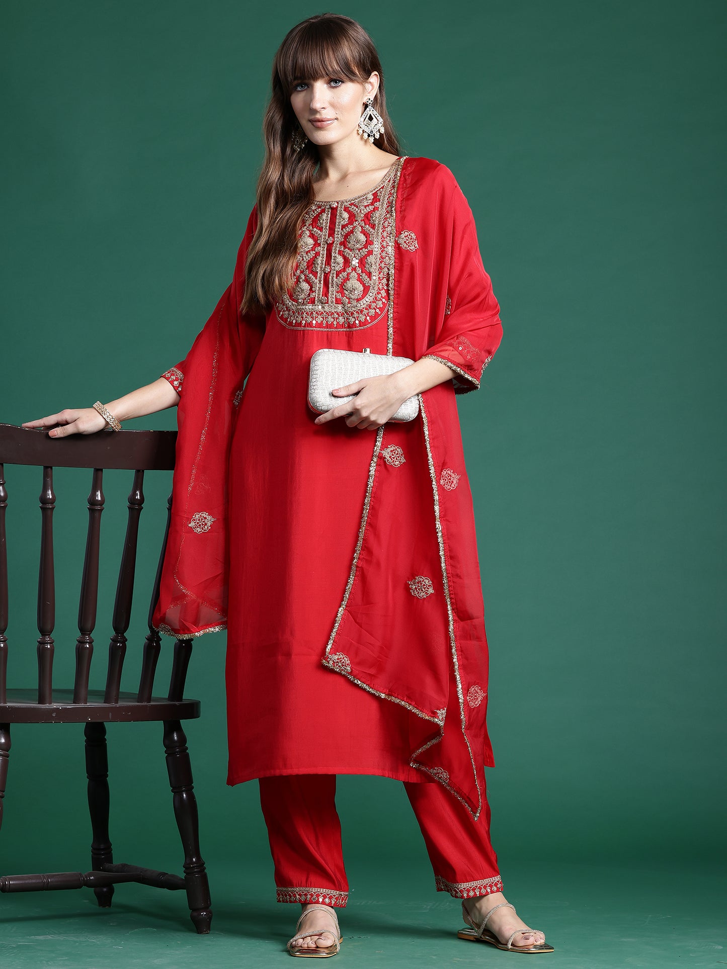 IE Red Embroidered Straight Kurta Trousers With Dupatta  Set