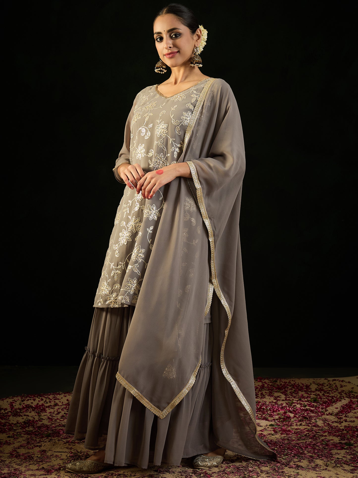 IE Grey Embroidered Straight Kurta Sharara With Dupatta set