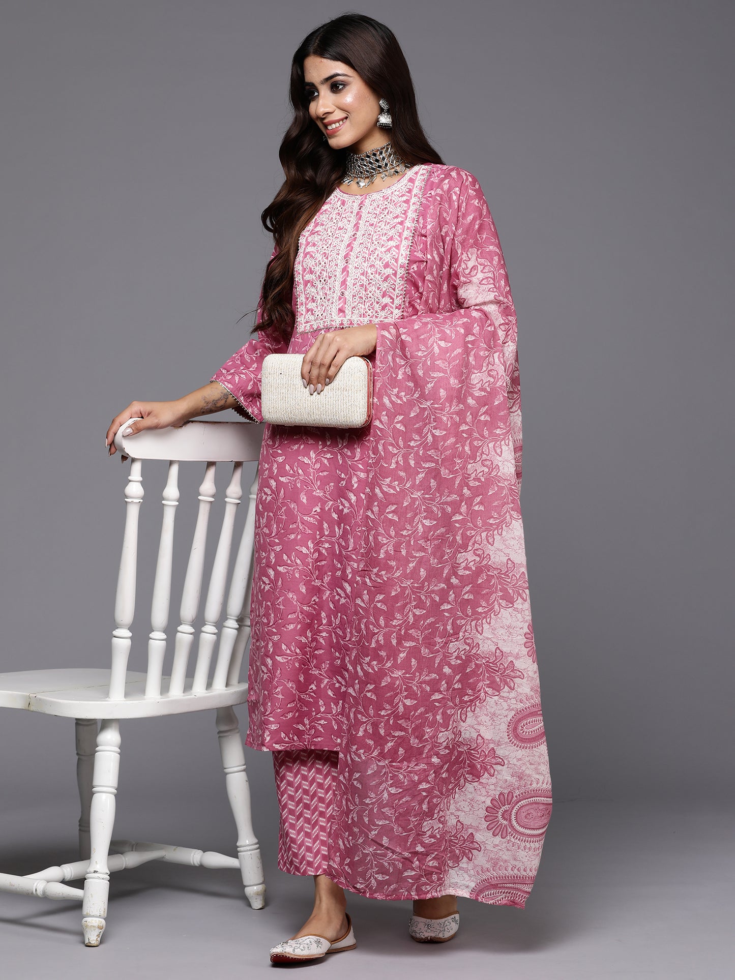 IE Lavender Embroidered Straight Kurta Trousers With Dupatta Set