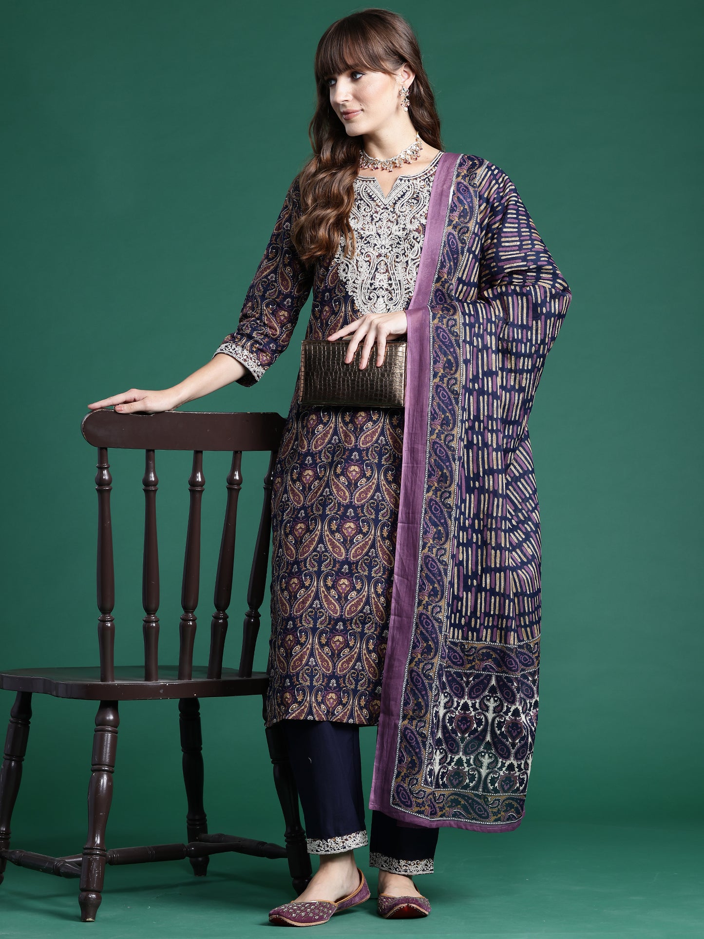 IE Navy Blue Printed Straight Kurta Trousers With Dupatta set