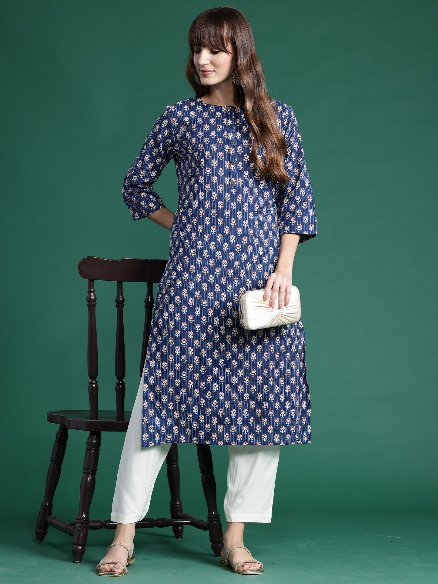 IE Blue Printed Straight Kurtas