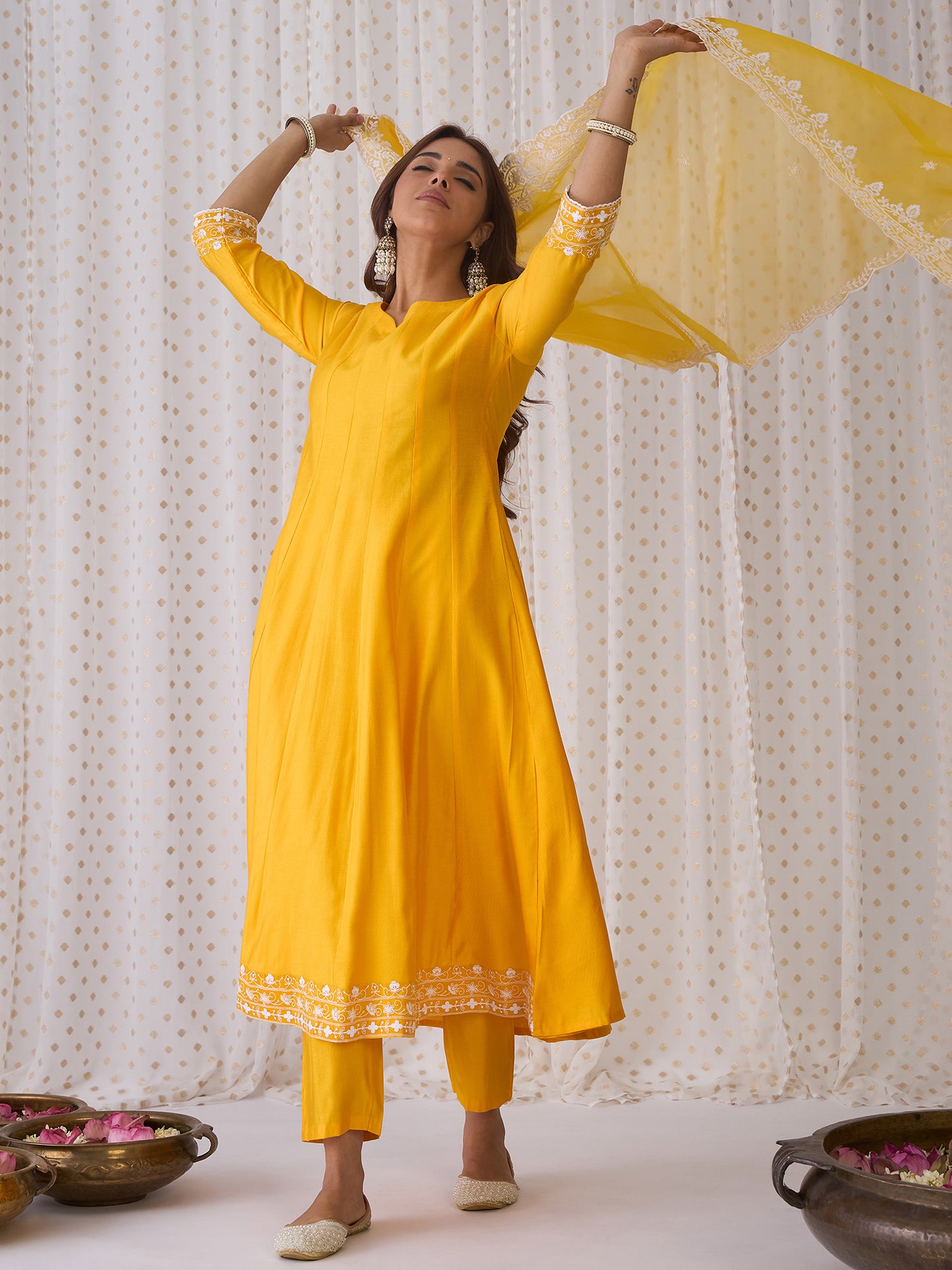 IE Yellow Embroidered Anarkali Kurta Trousers With Dupatta Set