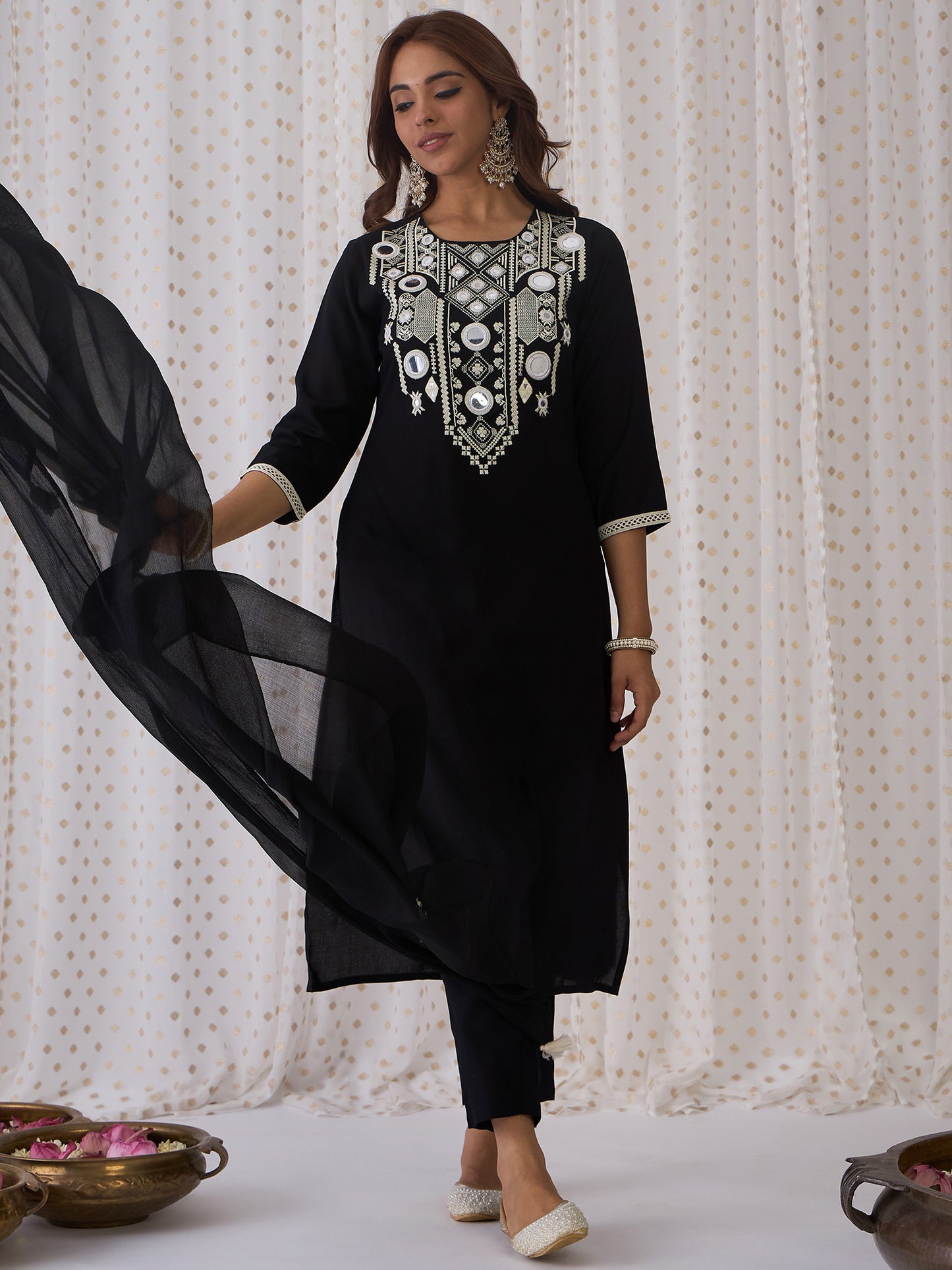 IE Black Embroidered Straight Kurta Trousers With Dupatta set