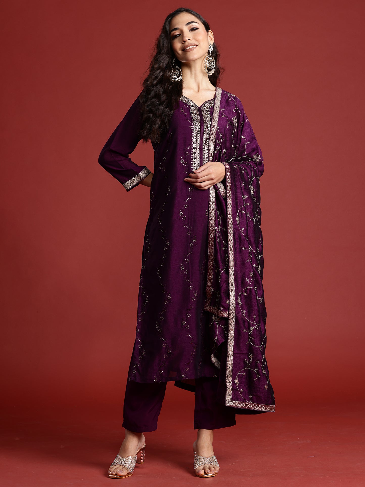 IE Purple Embroidered Straight Kurta Trousers With Dupatta set