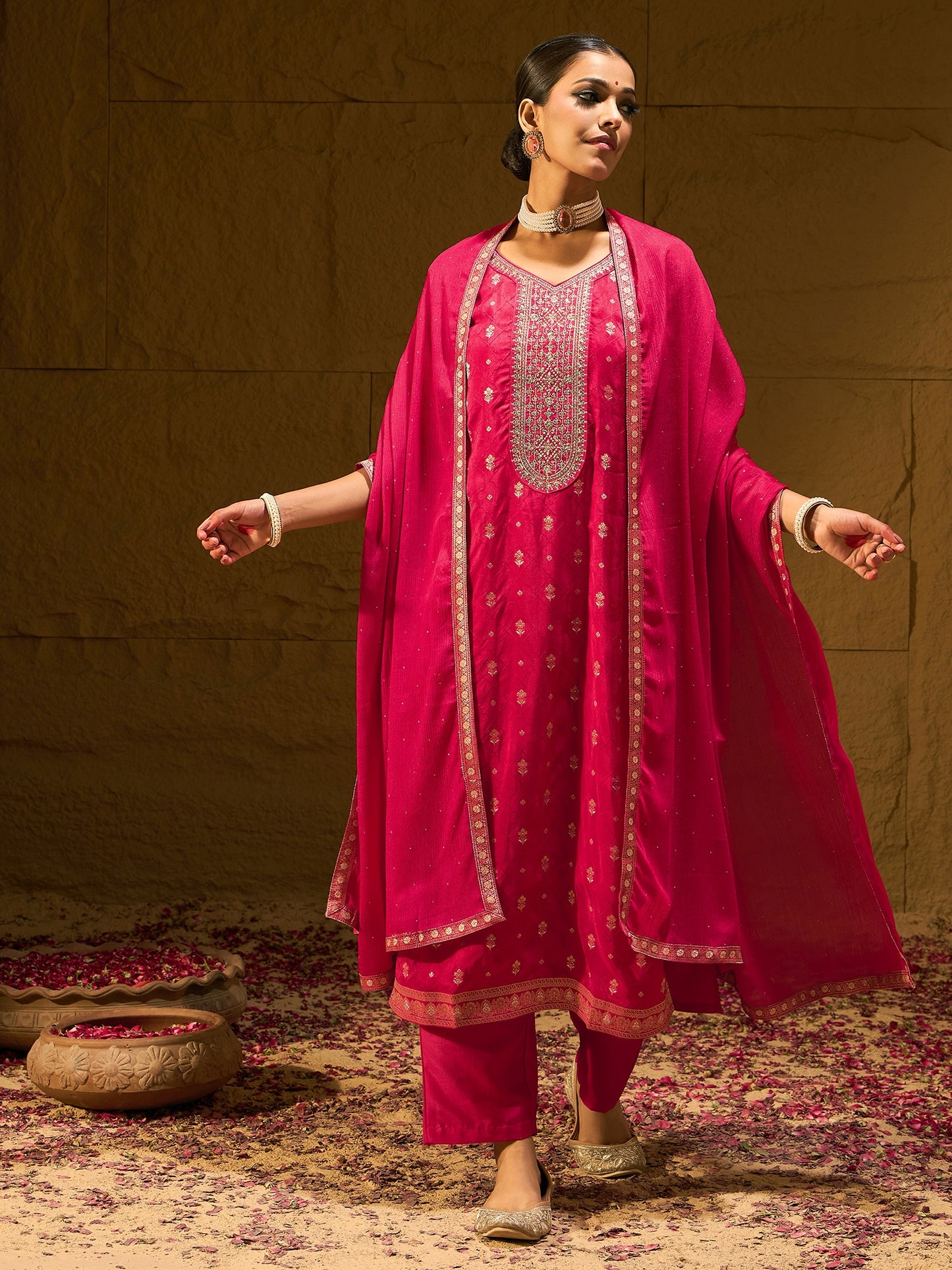 IE Magenta Embroidered Straight Kurta Trousers With Dupatta set