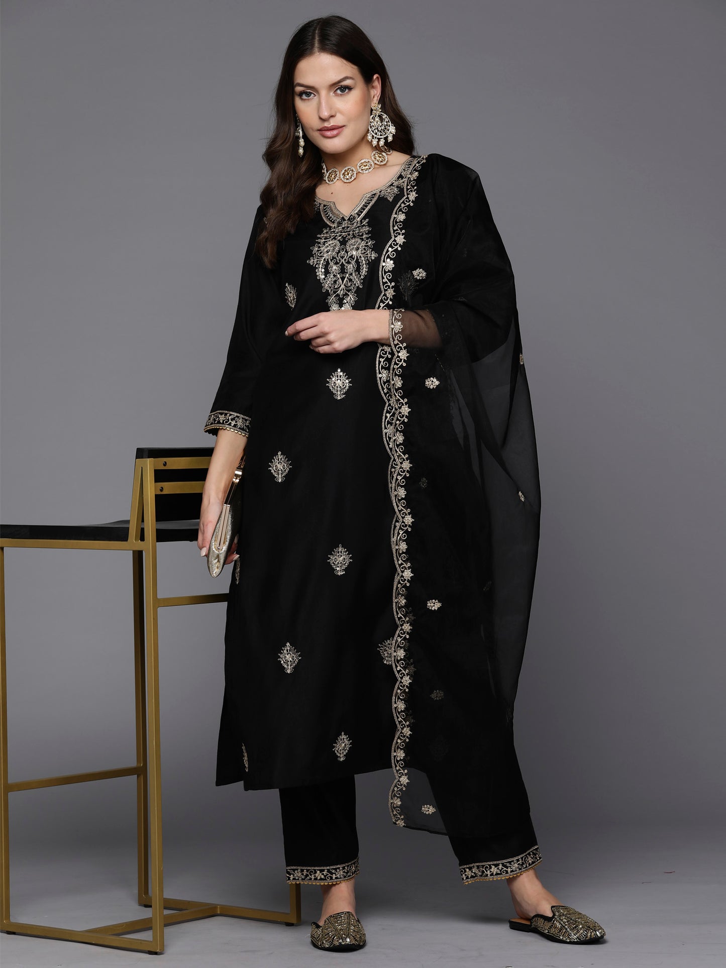 IE Black Embroidered Straight Kurta Trousers With Dupatta Set