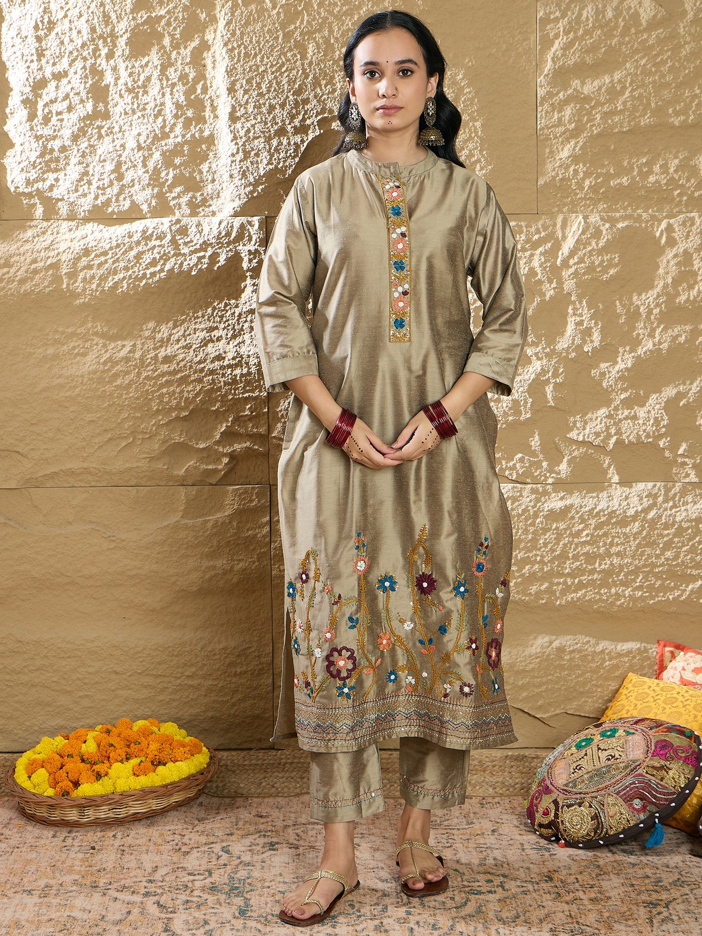 IE Beige Embroidered Straight Kurta Trousers With Dupatta Set