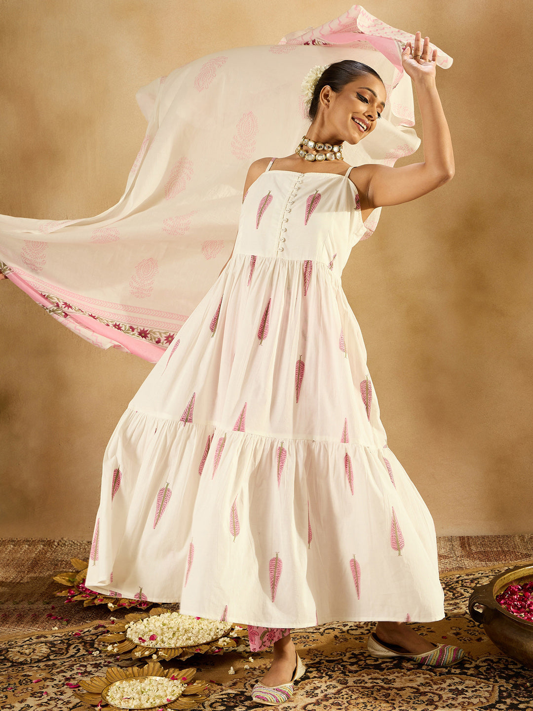 IE White Printed A-Line Kurta Trousers With Dupatta set