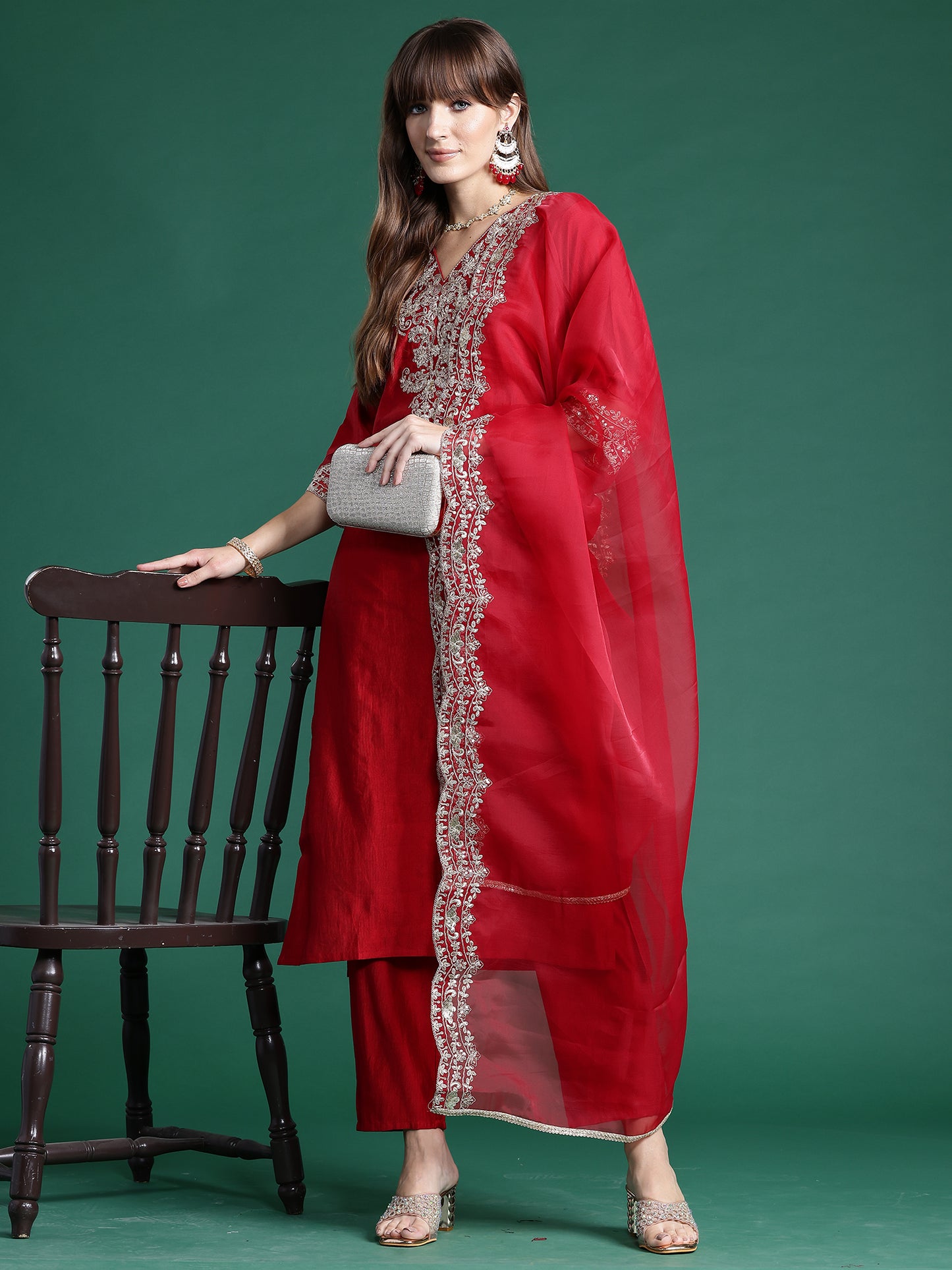 IE Red Embroidered Straight Kurta Trousers With Dupatta  Set