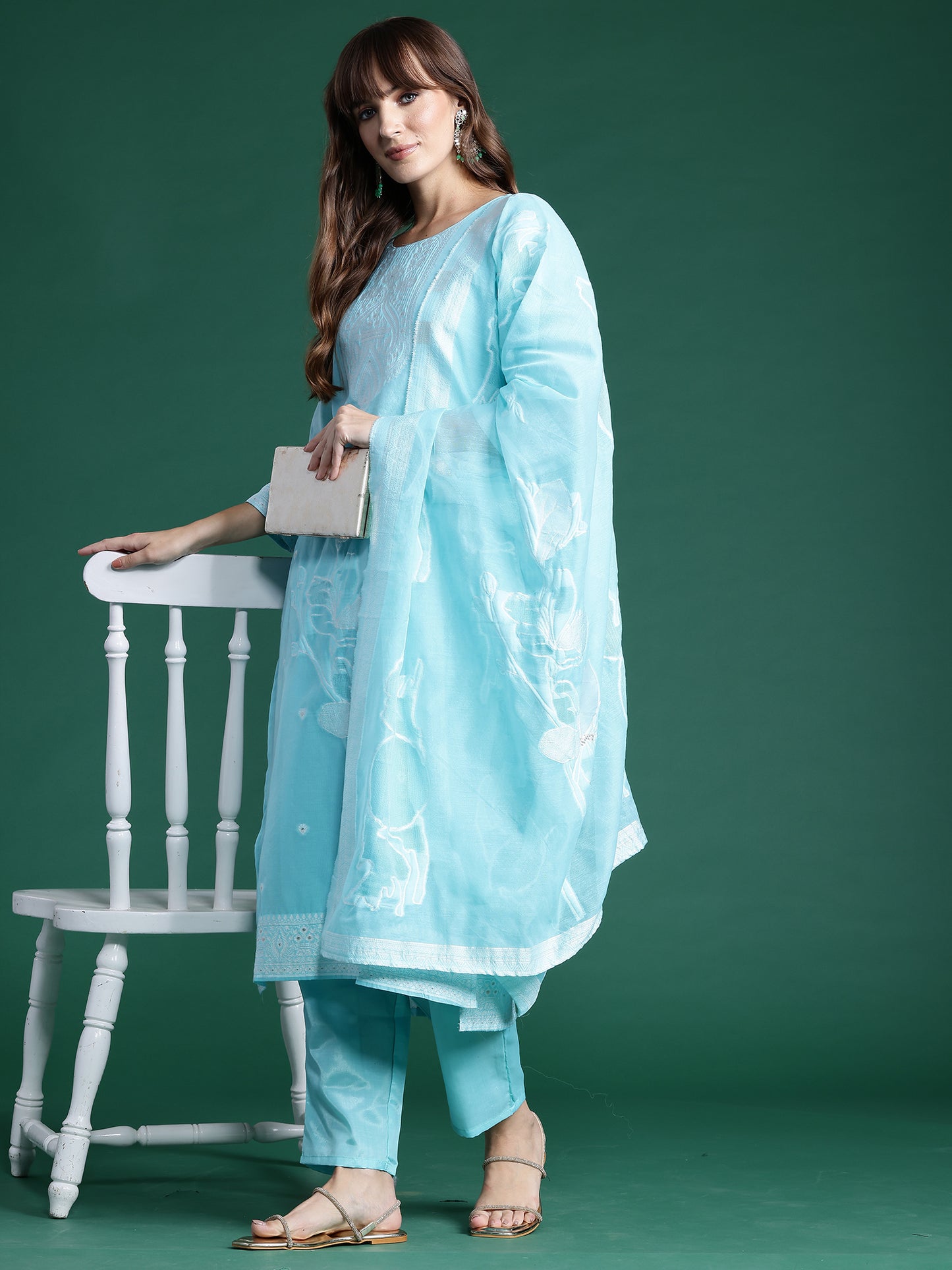 IE Blue Woven Design Straight Kurta Trousers set