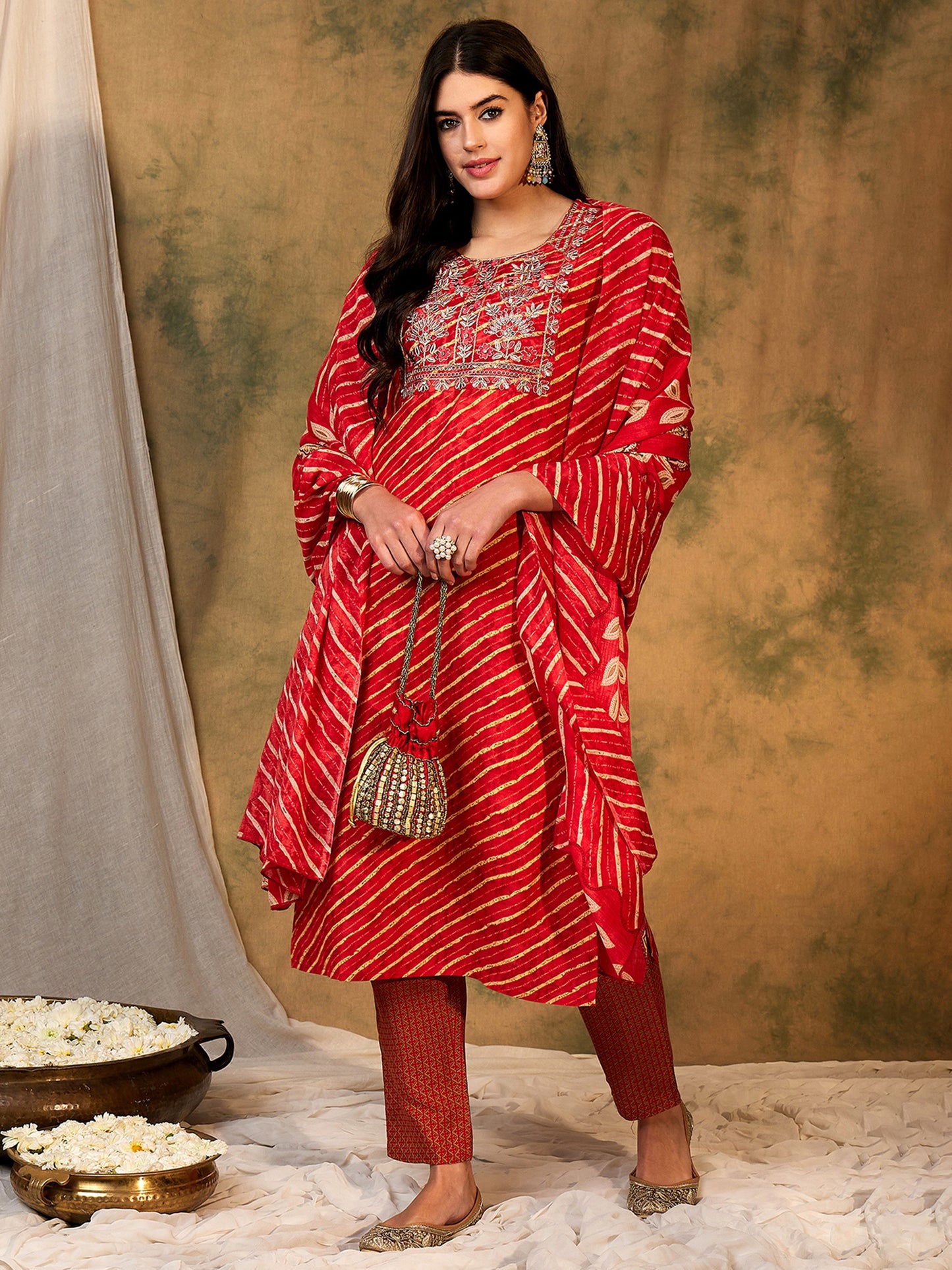 IE Red Printed Straight Kurta Trousers With Dupatta set