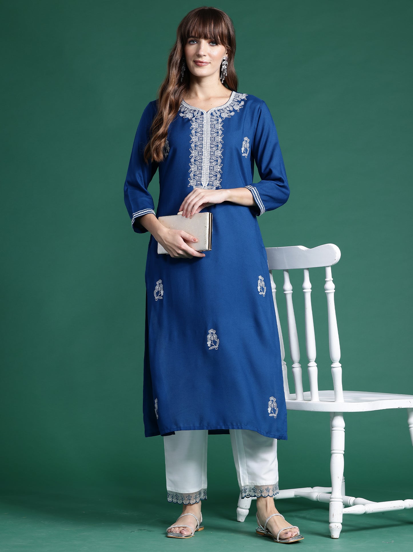 IE Teal Embroidered Straight Kurtas