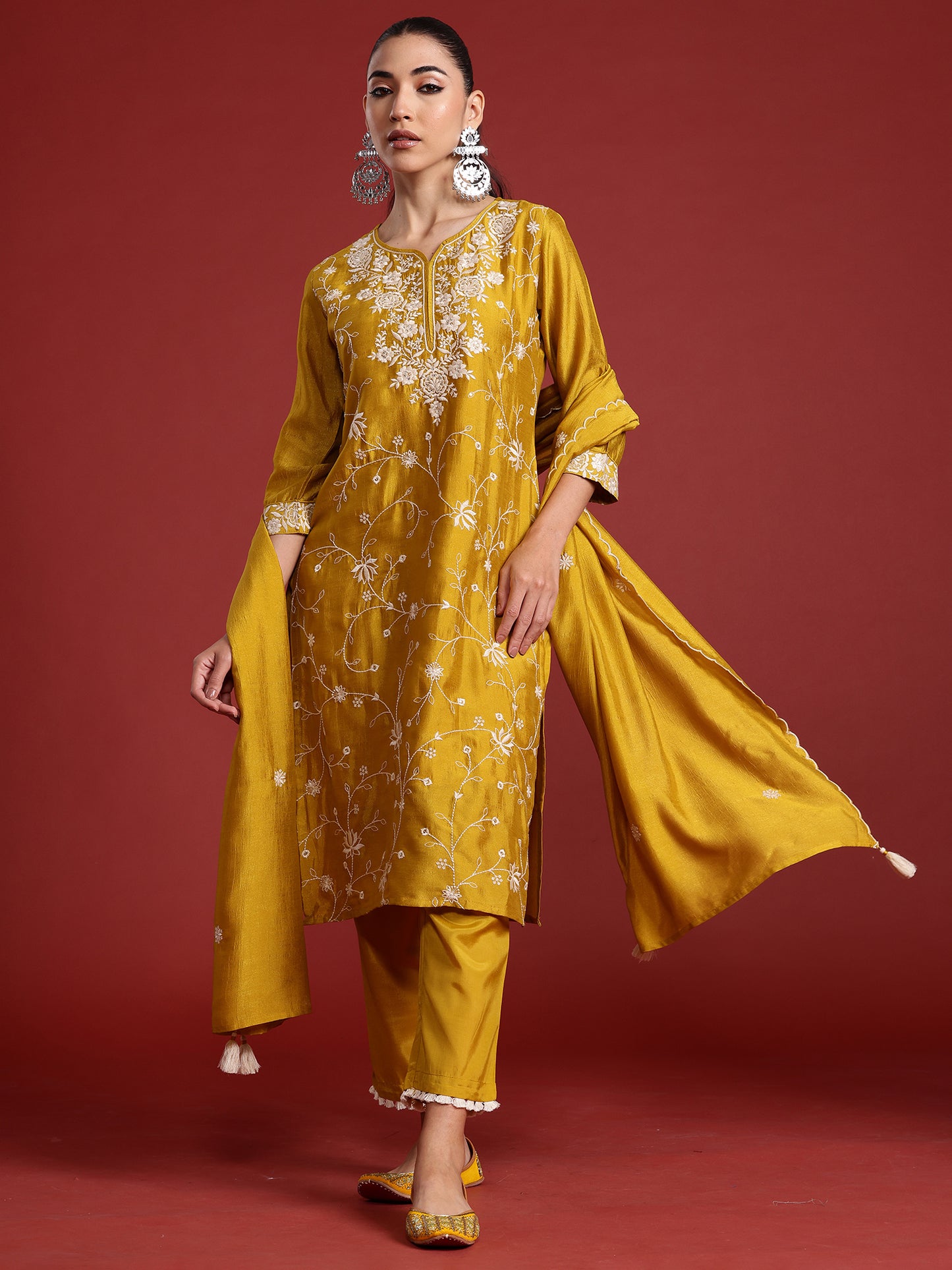 IE Yellow Embroidered Straight Kurta Trousers With Dupatta  Set