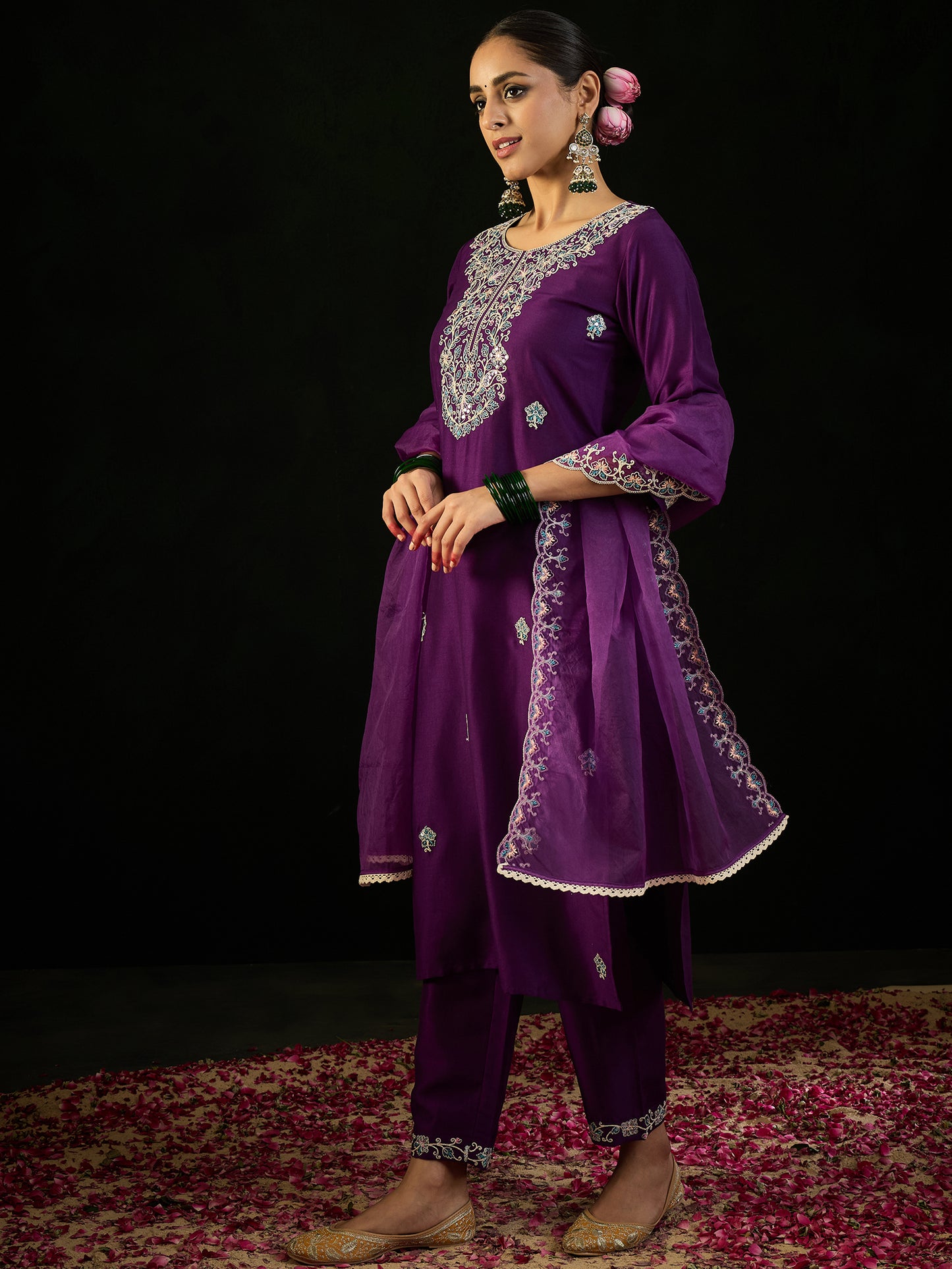 IE Purple Embroidered Straight Kurta Trousers With Dupatta set