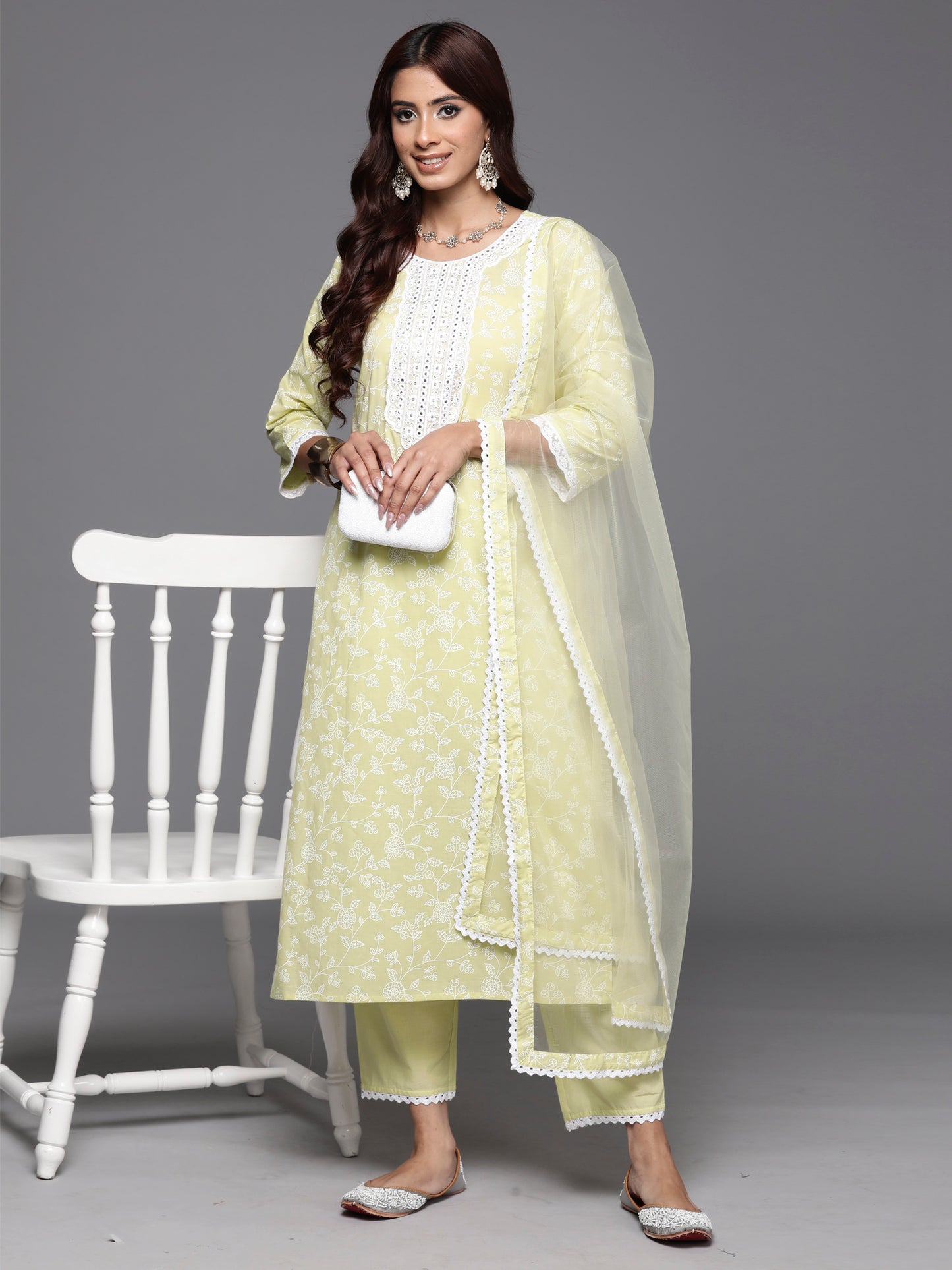 IE Green Embroidered Straight Kurta Trousers With Dupatta Set