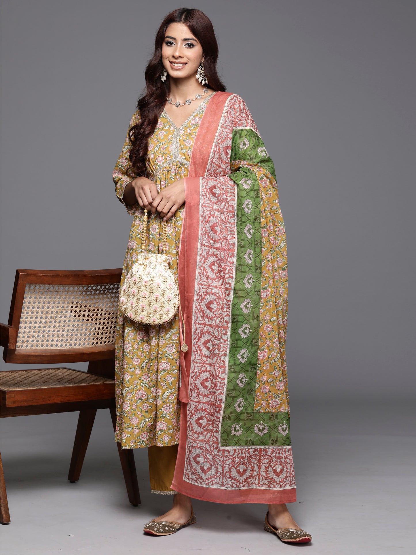 IE Green Printed A-Line Kurta Trousers With Dupatta Set