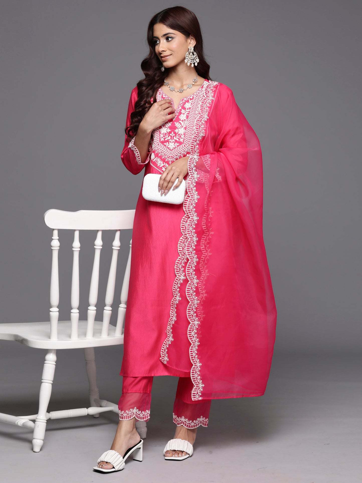 IE Pink Embroidered Straight Kurta Trousers With Dupatta Set