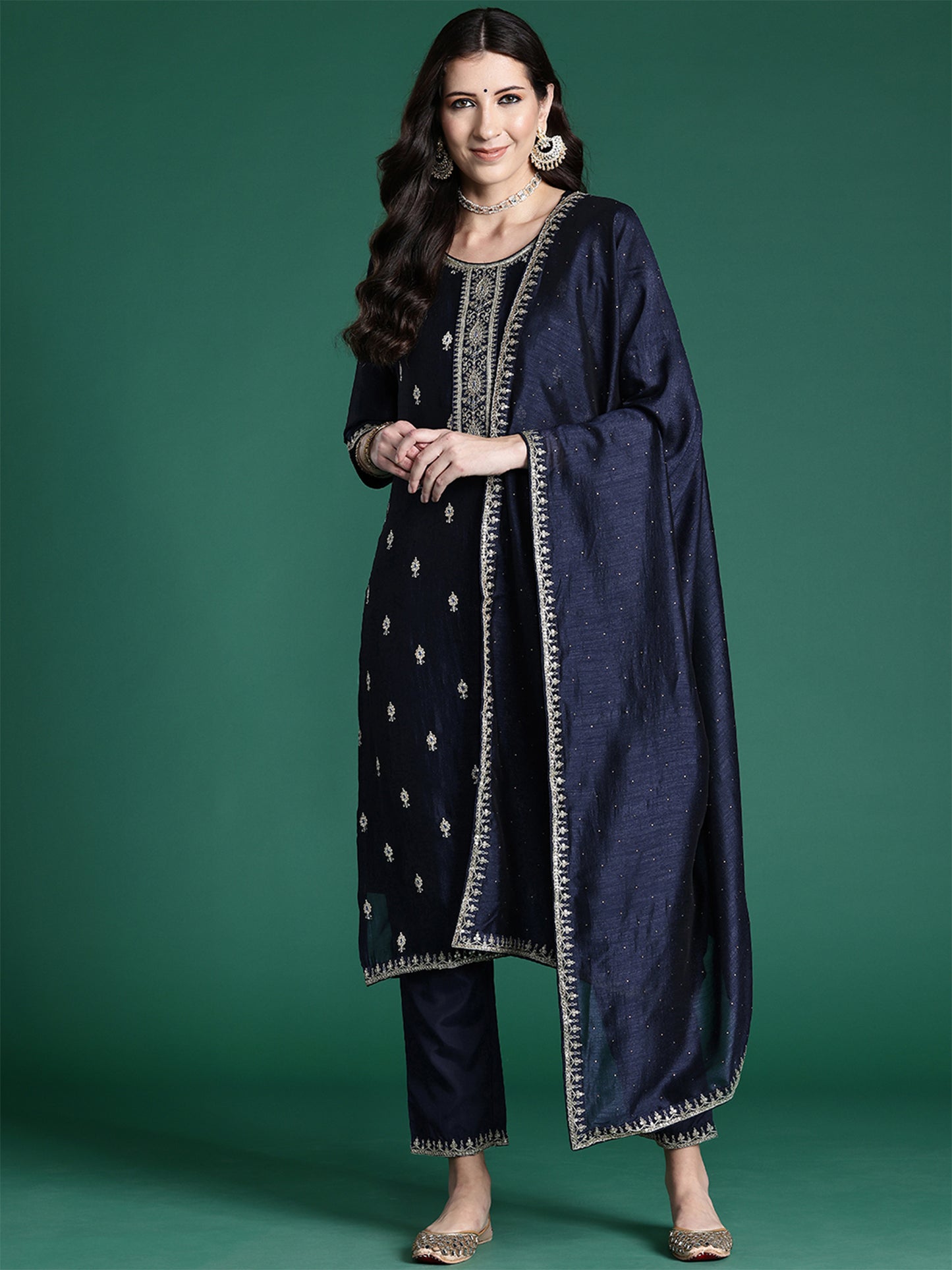 IE Navy Blue Embroidered Straight Kurta Trousers With Dupatta set