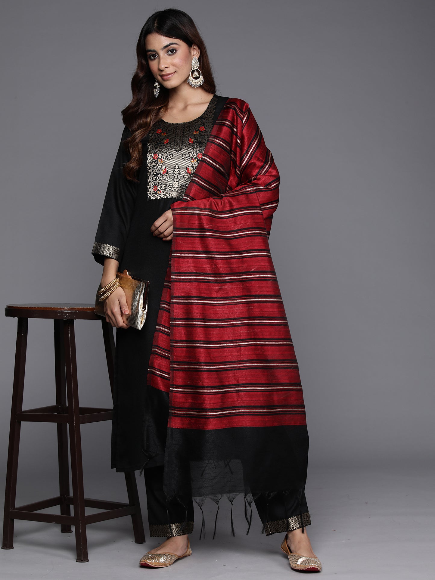 IE Black Yoke Design Straight Kurta Trousers With Dupatta Set