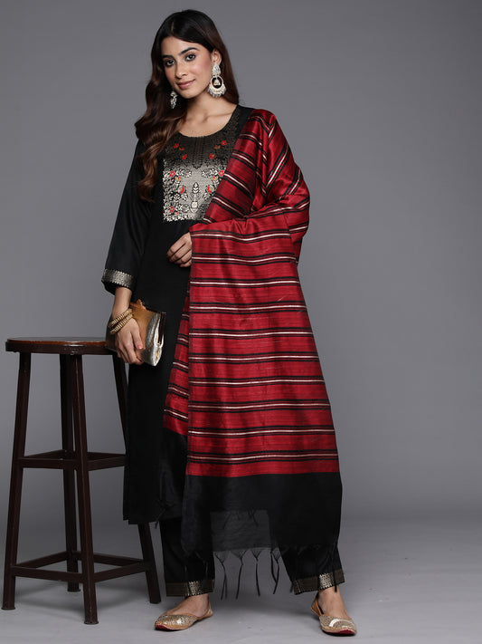 IE Black Yoke Design Straight Kurta Trousers With Dupatta Set