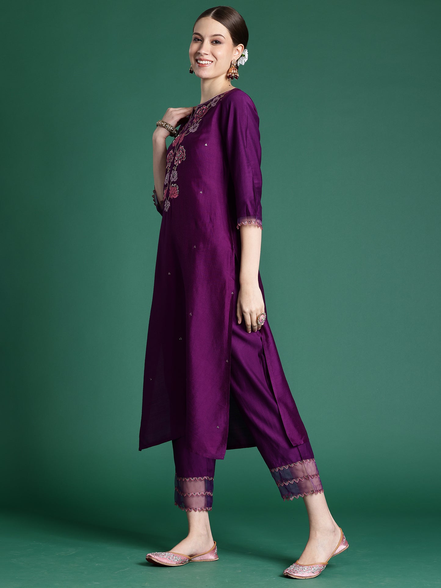 IE Purple Embroidered Straight Kurta Trousers set