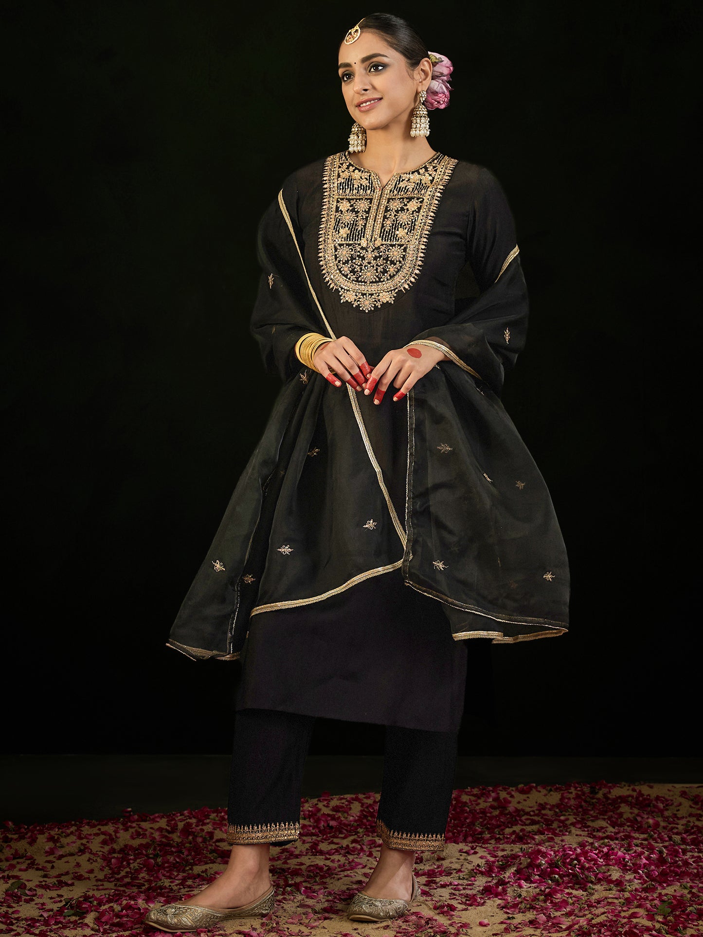 IE Black Embroidered Straight Kurta Trousers With Dupatta set