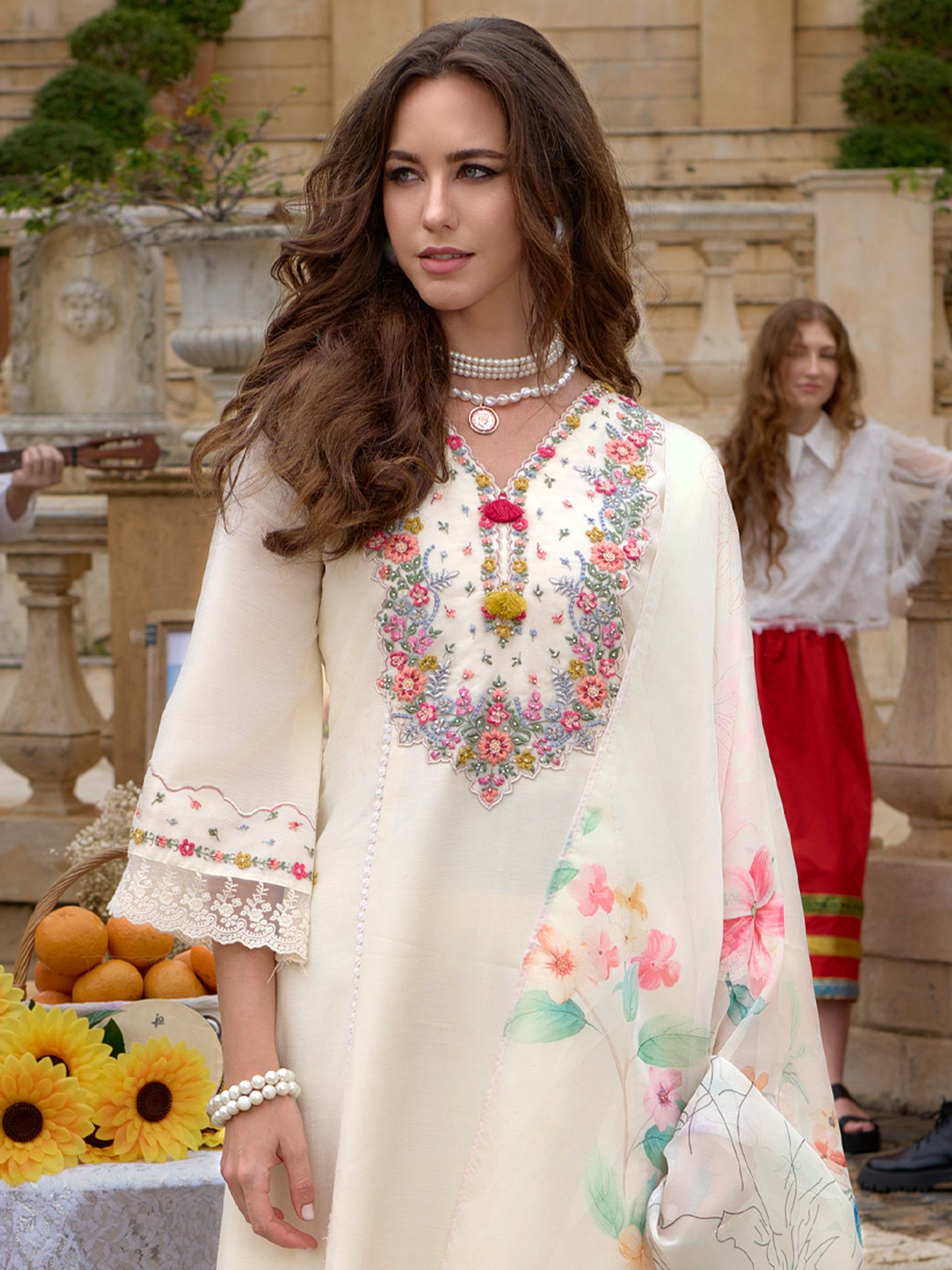 IE Off White Embroidered A-Line Kurta Trousers With Dupatta Set