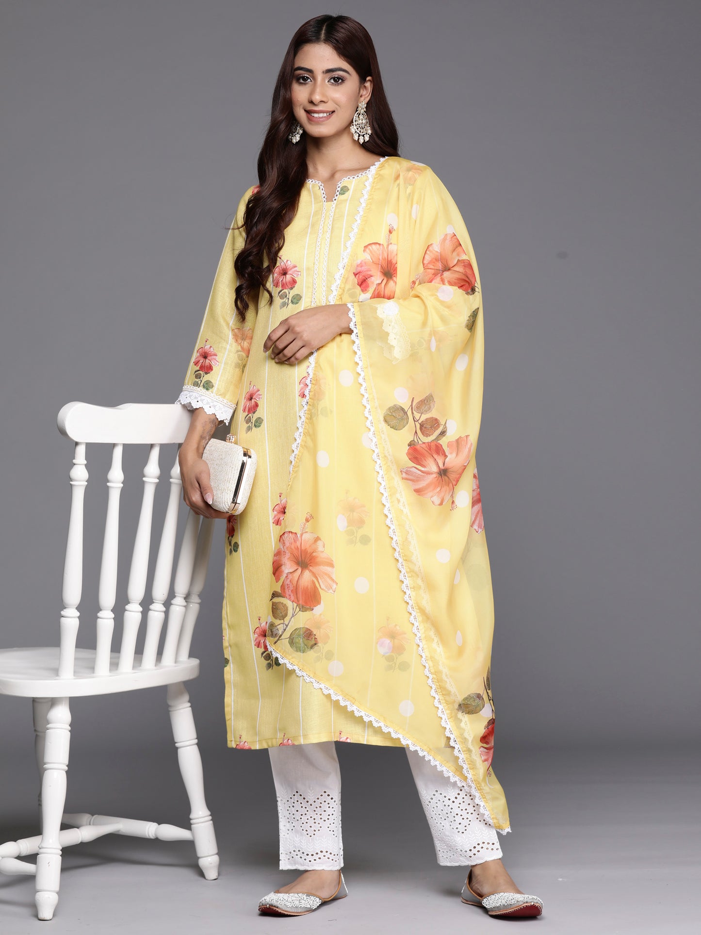 IE Yellow Printed Straight Kurta Trousers With Dupatta set