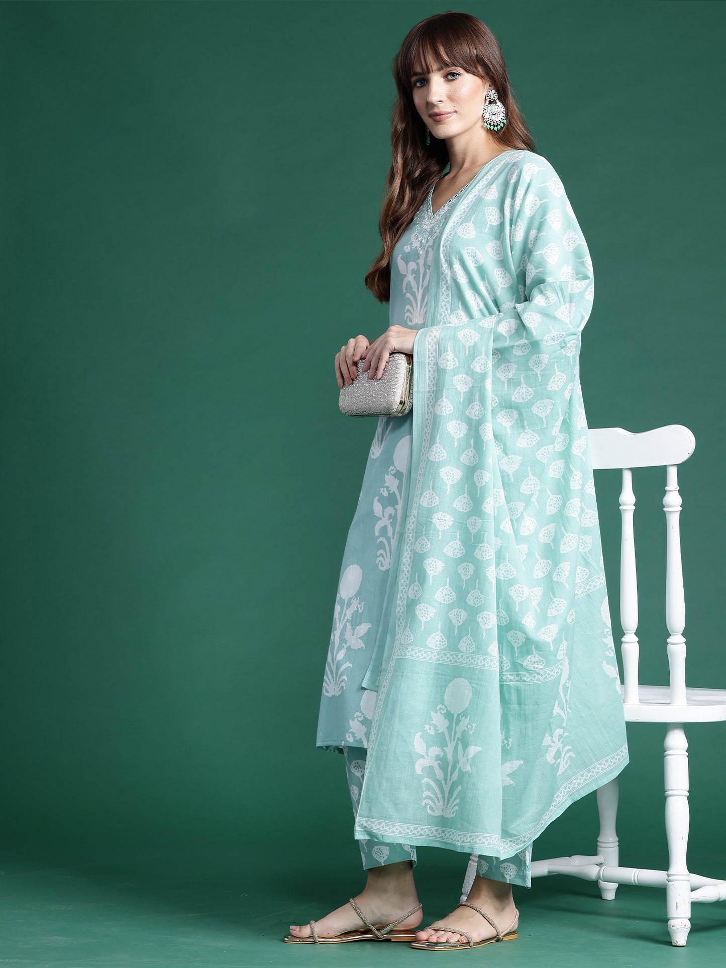 IE Green Printed Straight Kurta Trousers With Dupatta set