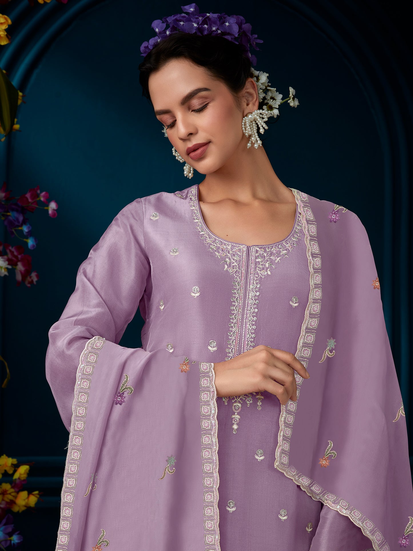 IE Lavender Straight Embroidered Kurta Trousers With Dupatta Set