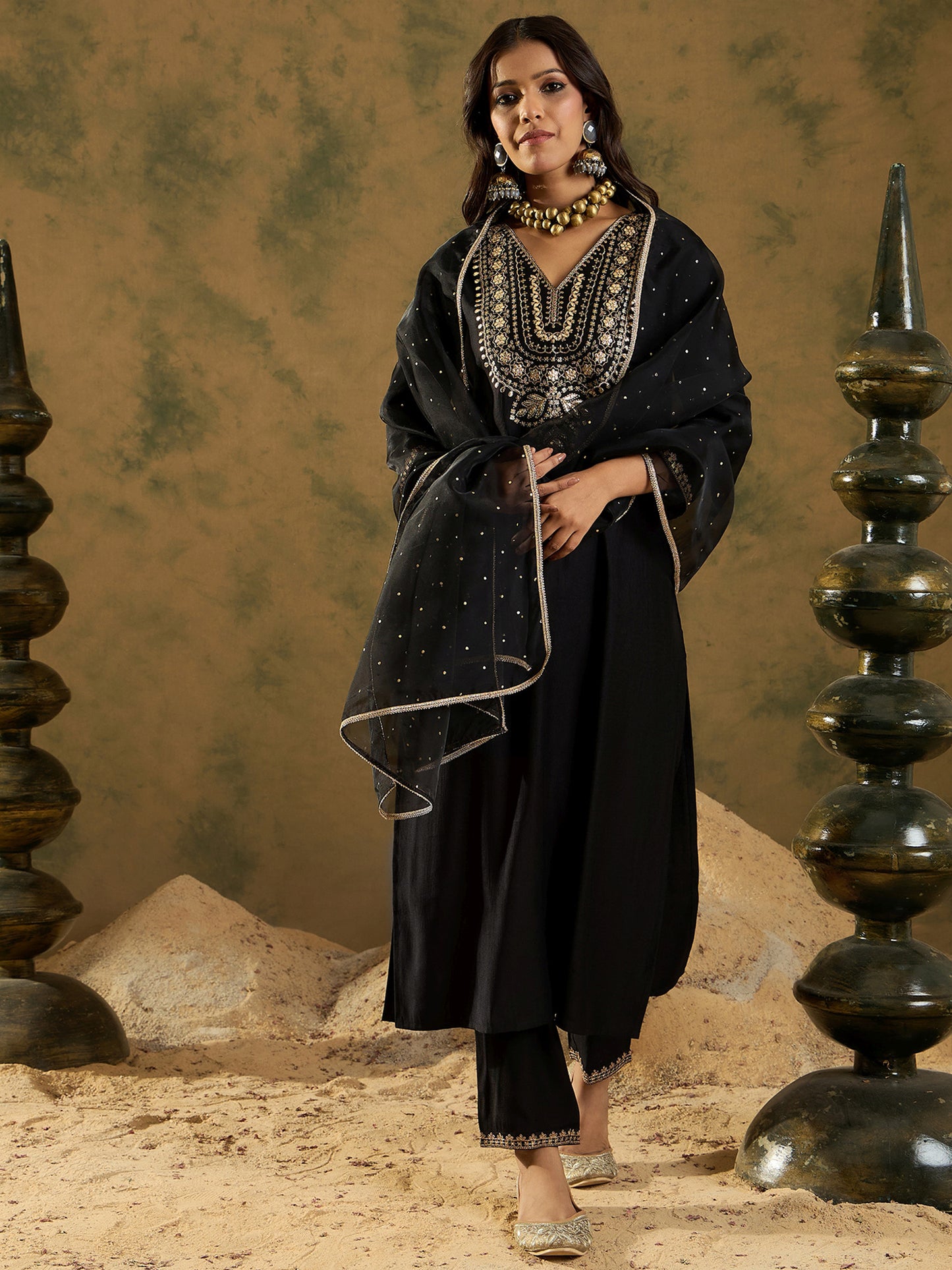 IE Black Embroidered Straight Kurta Trousers With Dupatta  Set