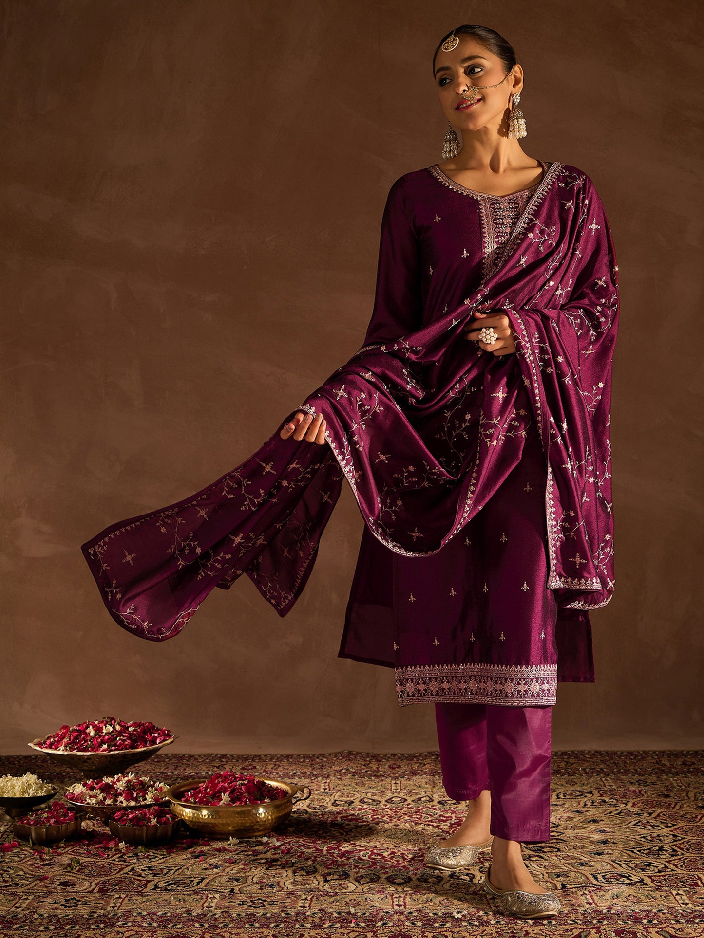 IE Burgundy Embroidered Straight Kurta Trousers With Dupatta set