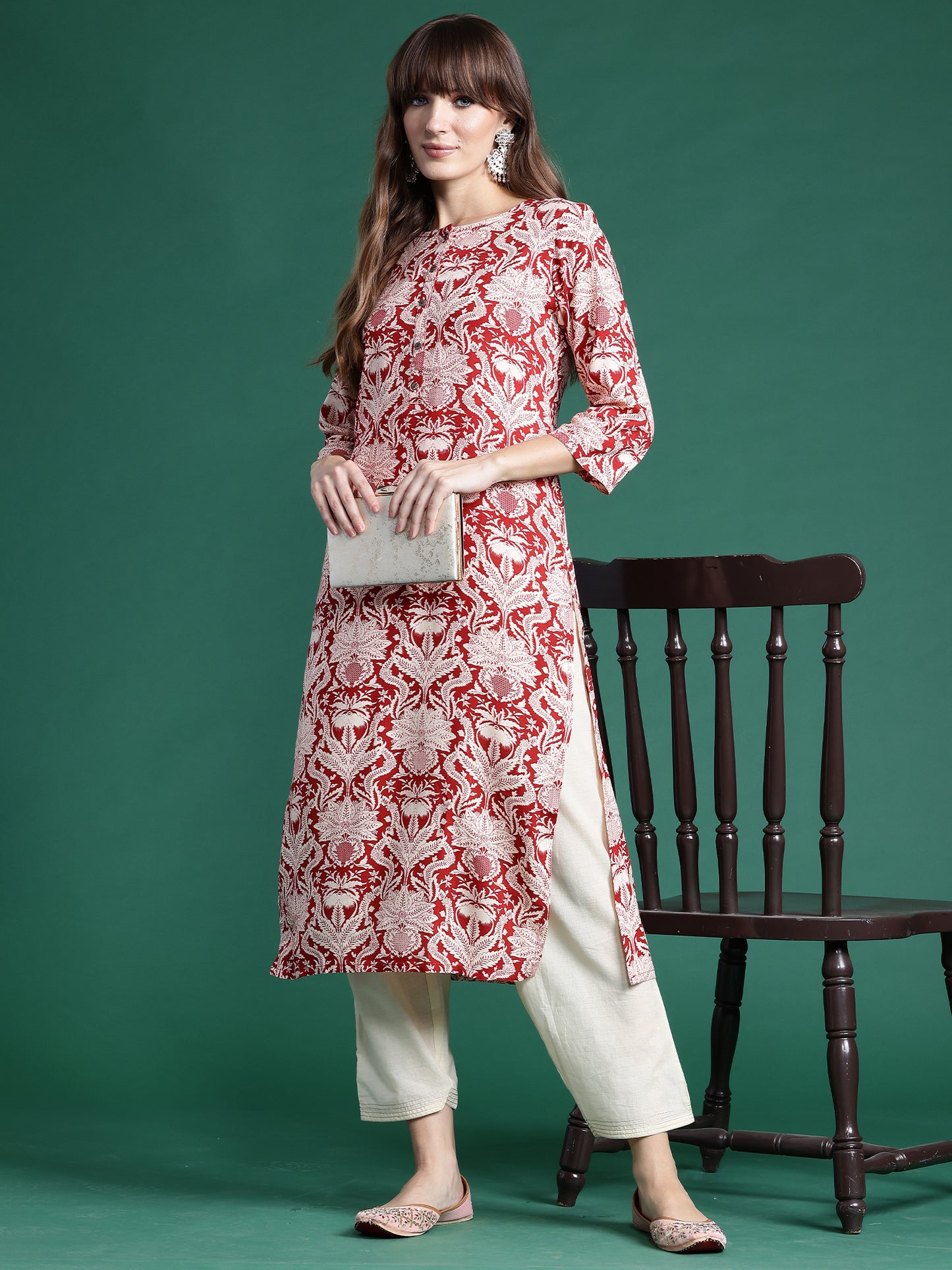 IE Red Printed Straight Kurtas