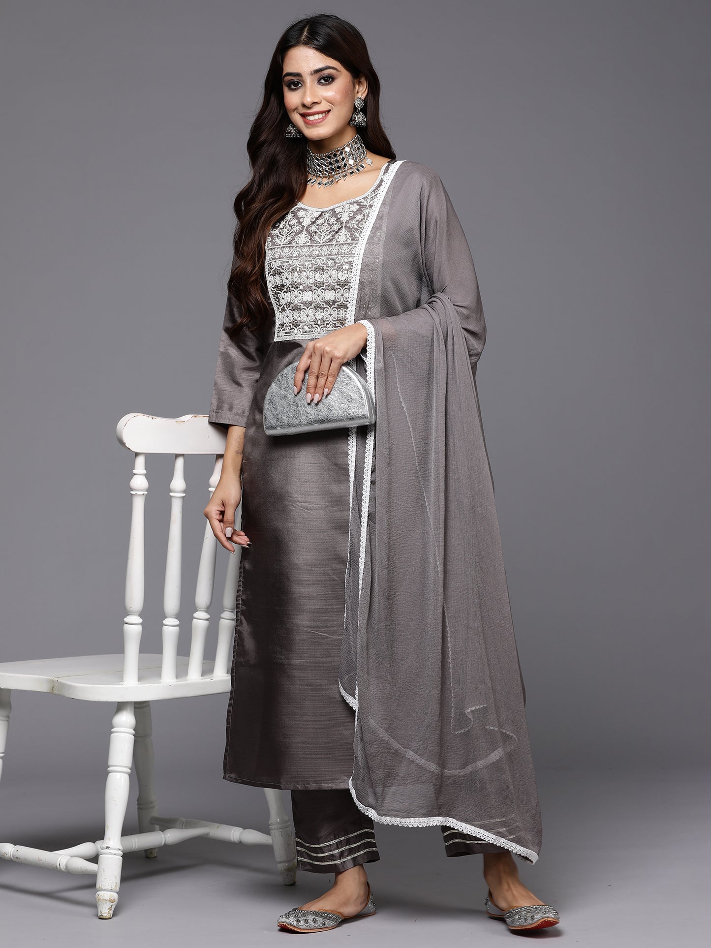 IE Grey Embroidered Straight Kurta Trousers With Dupatta Set