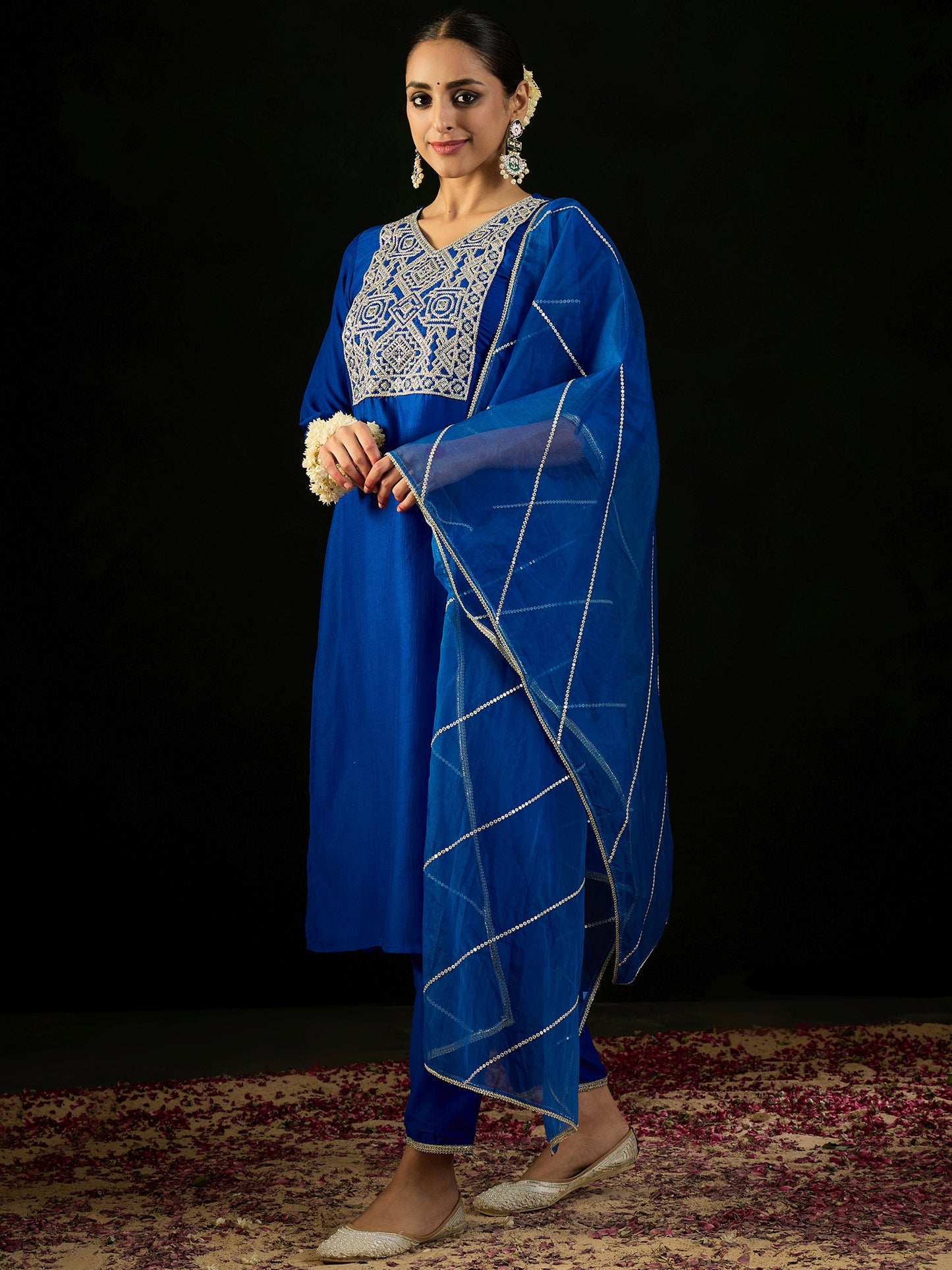 IE Blue Embroidered Straight Kurta Trousers With Dupatta set