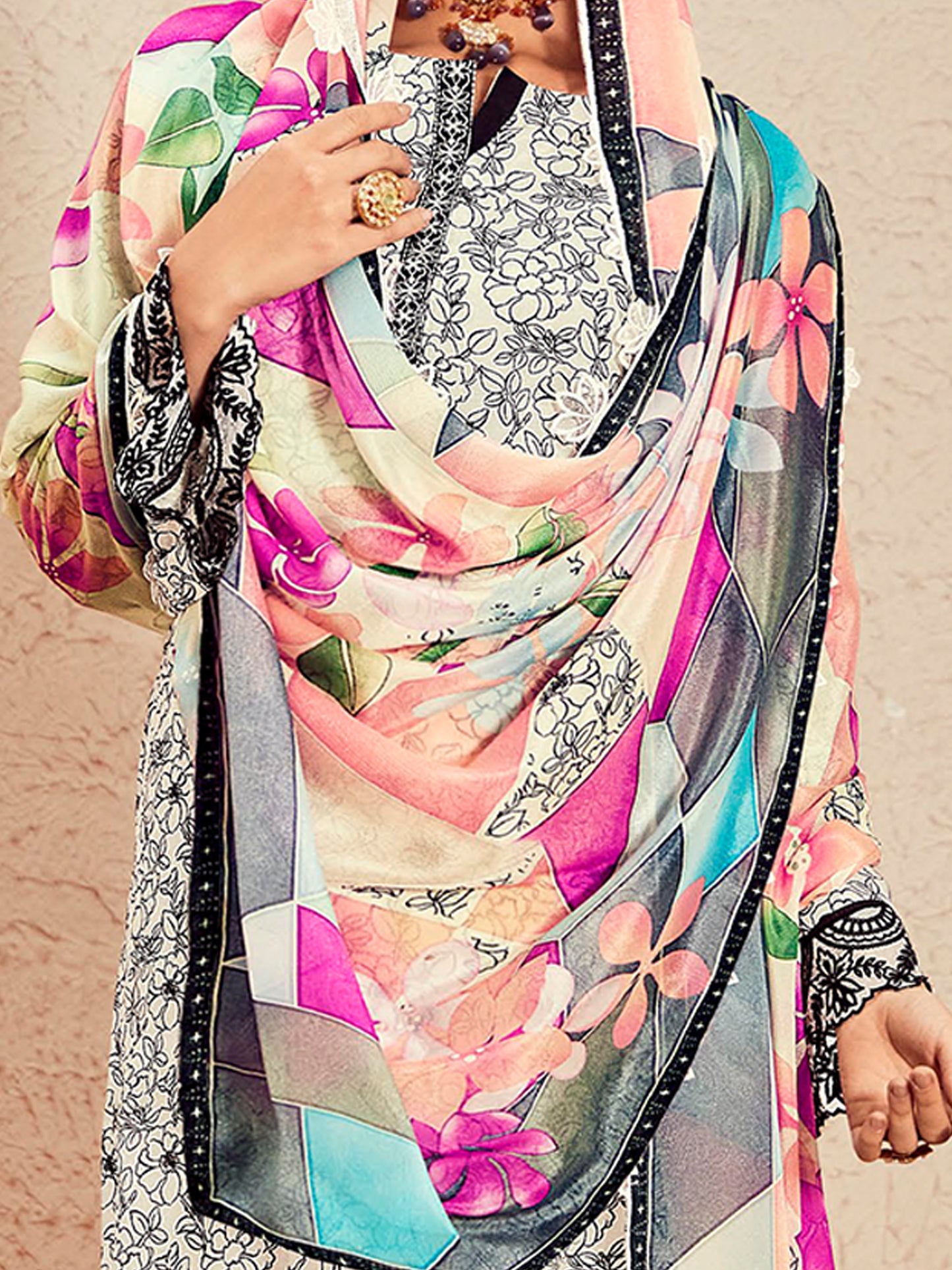 IE Off White Printed Straight Kurta Trousers With Dupatta  Set