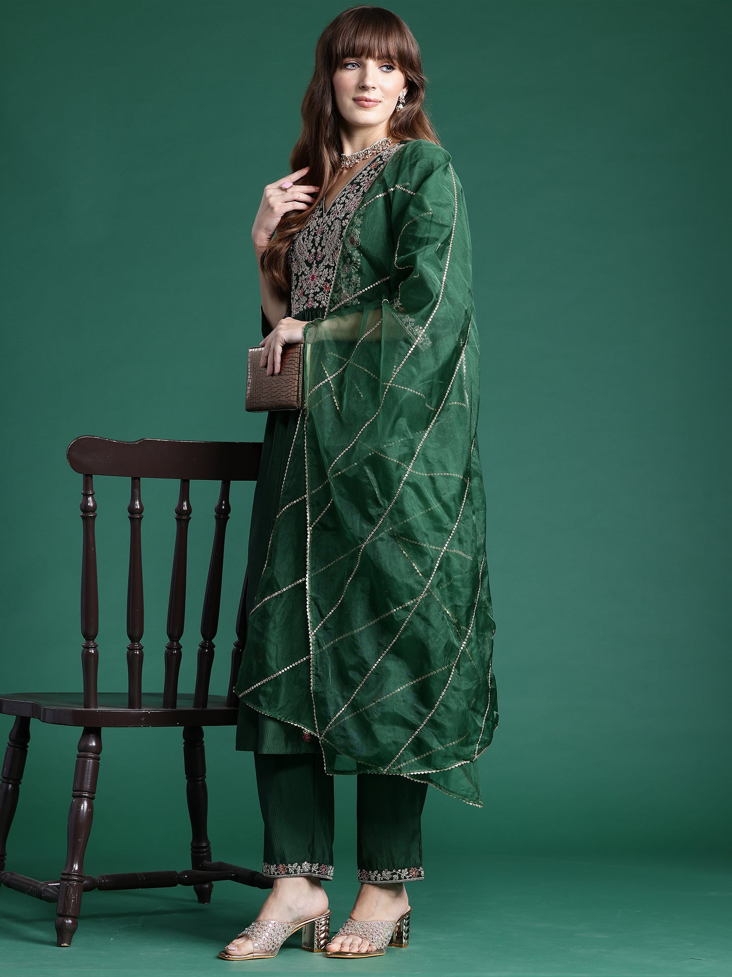 IE Green Embroidered A-Line Kurta Trousers set