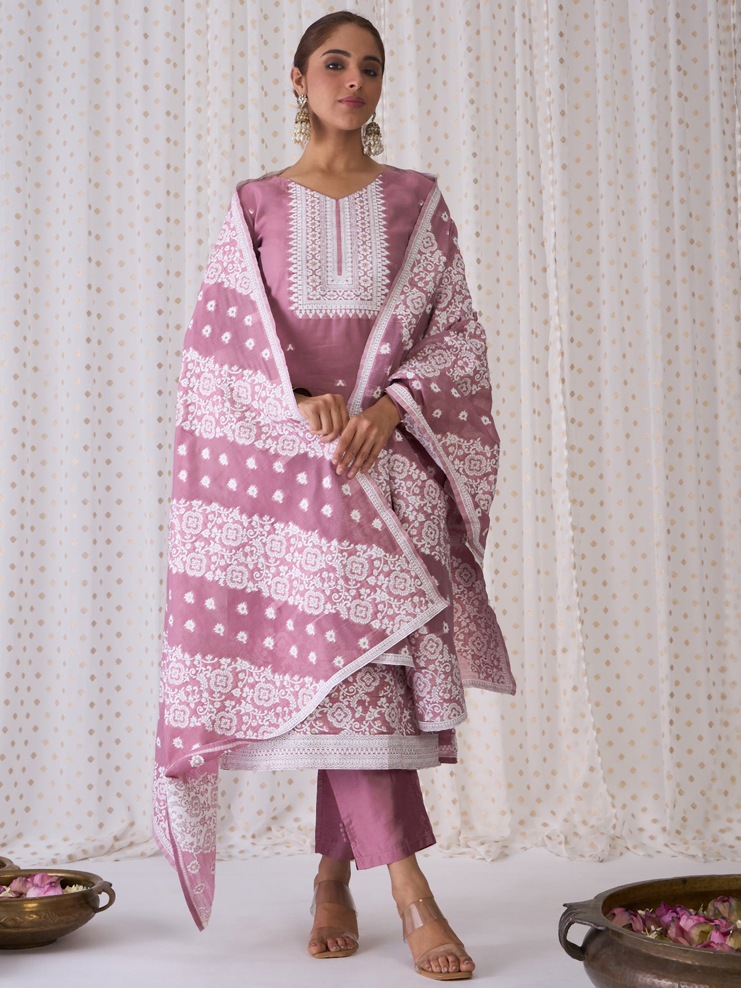 IE Mauve Woven Design Straight Kurta Trousers With Dupatta set