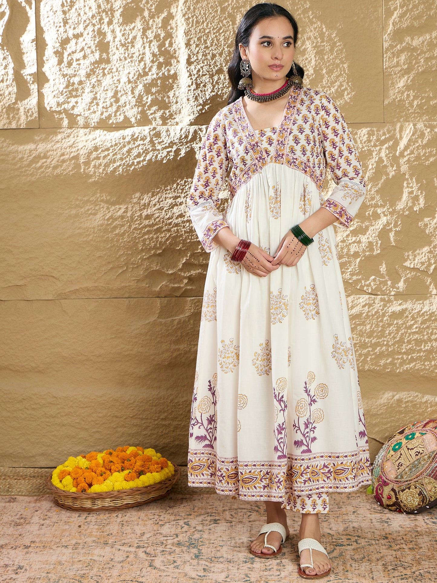 IE White Printed A-Line Kurta Trousers With Dupatta Set