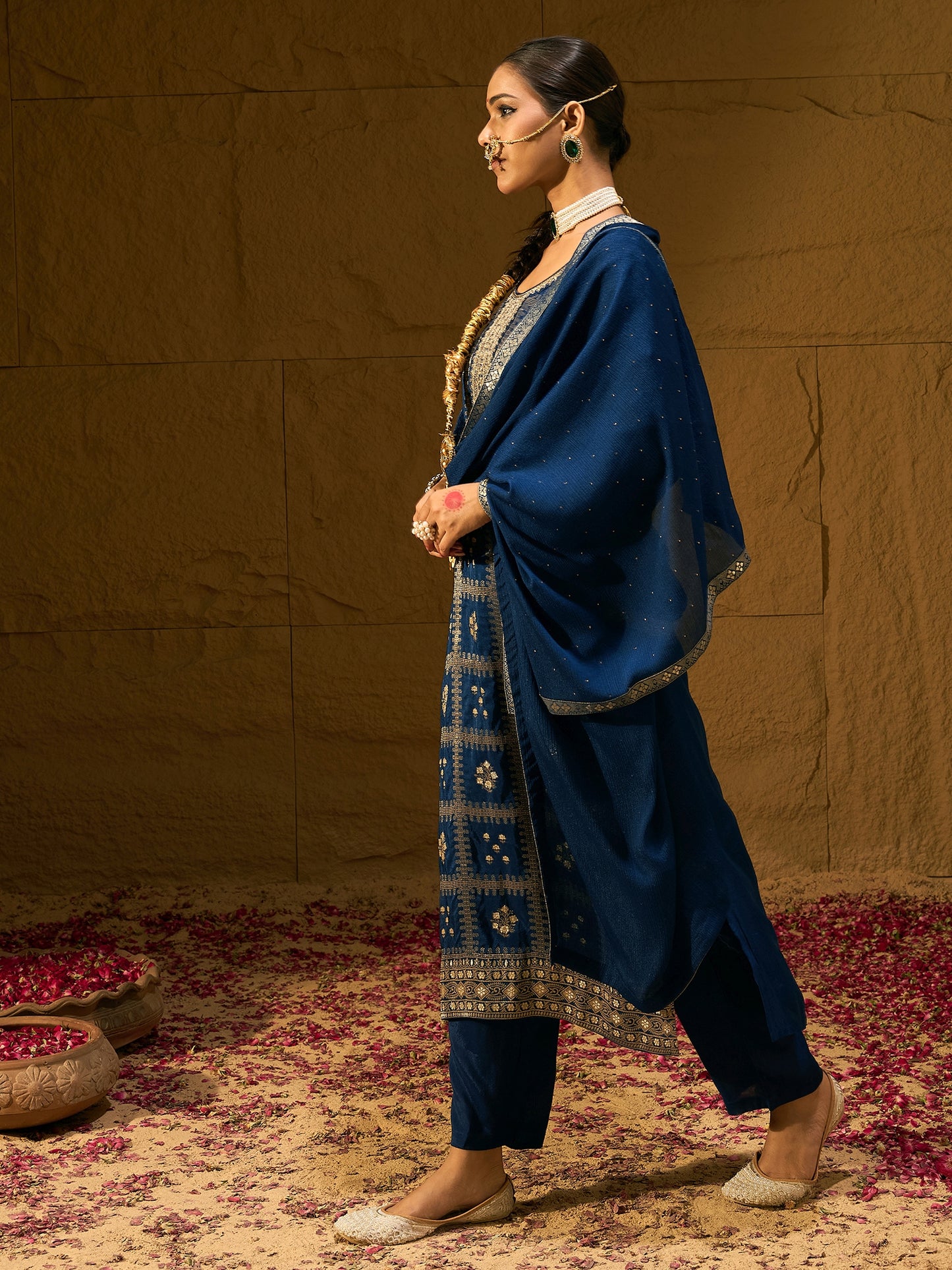 IE Blue Embroidered Straight Kurta Trousers With Dupatta set