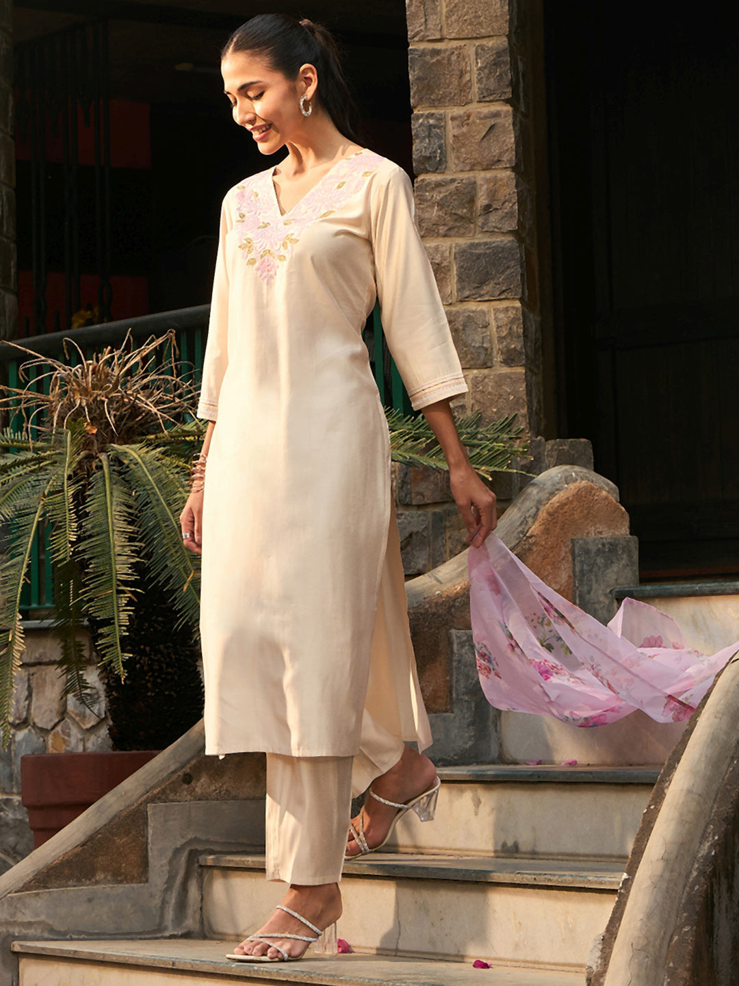 IE Off White Embroidered Straight Kurta Trousers With Dupatta set