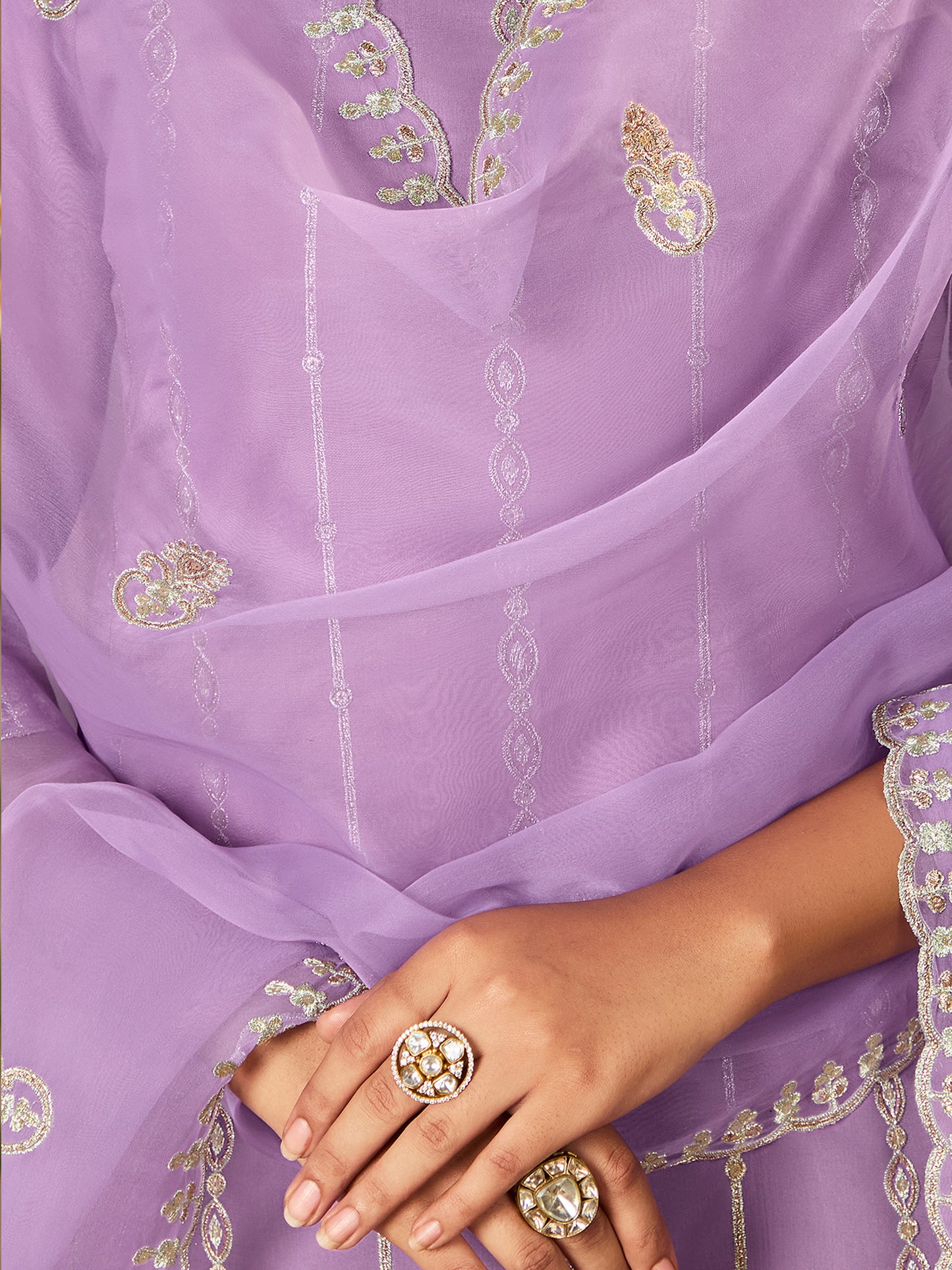 IE Lavender Straight Embroidered Kurta Trousers With Dupatta Set