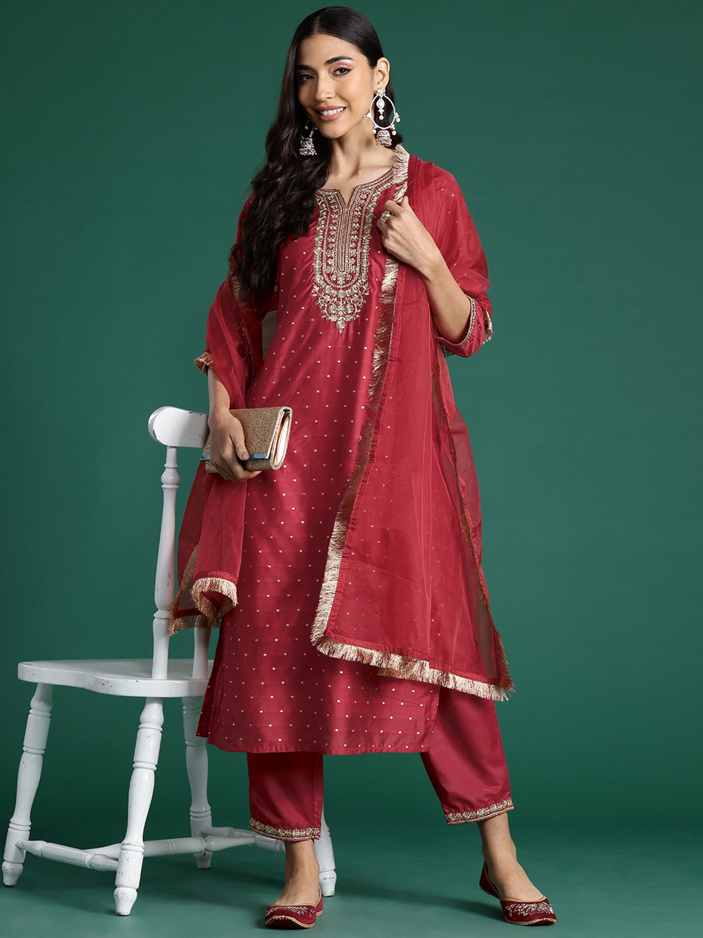 IE Red Embroidered Straight Kurta Trousers With Dupatta set