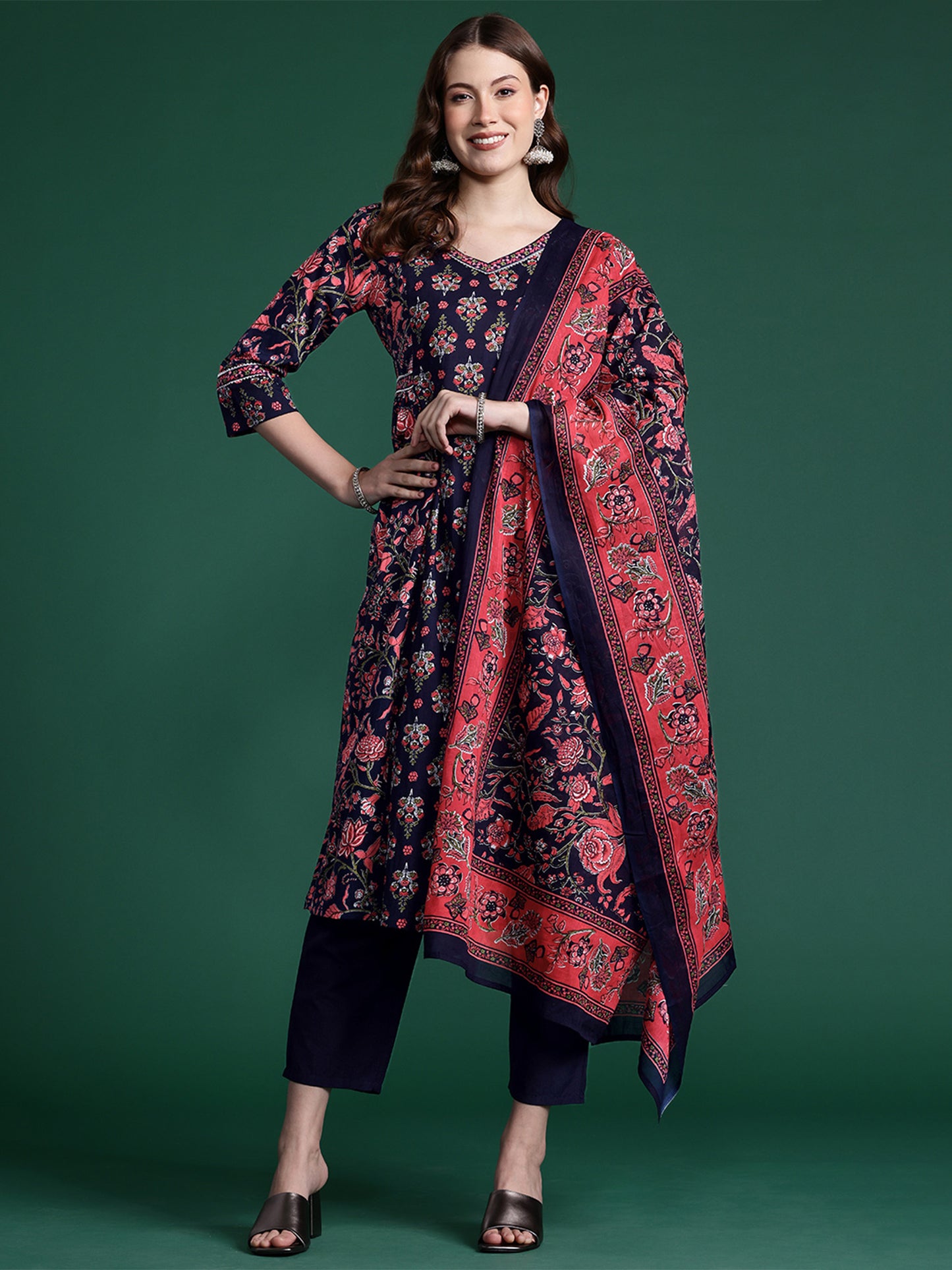 IE Navy Blue Printed A-Line Kurta Trousers With Dupatta set