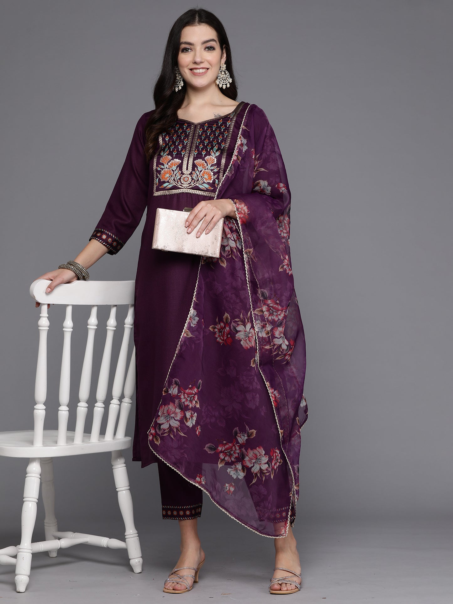 IE Purple Yoke Design Straight Kurta Trousers With Dupatta set