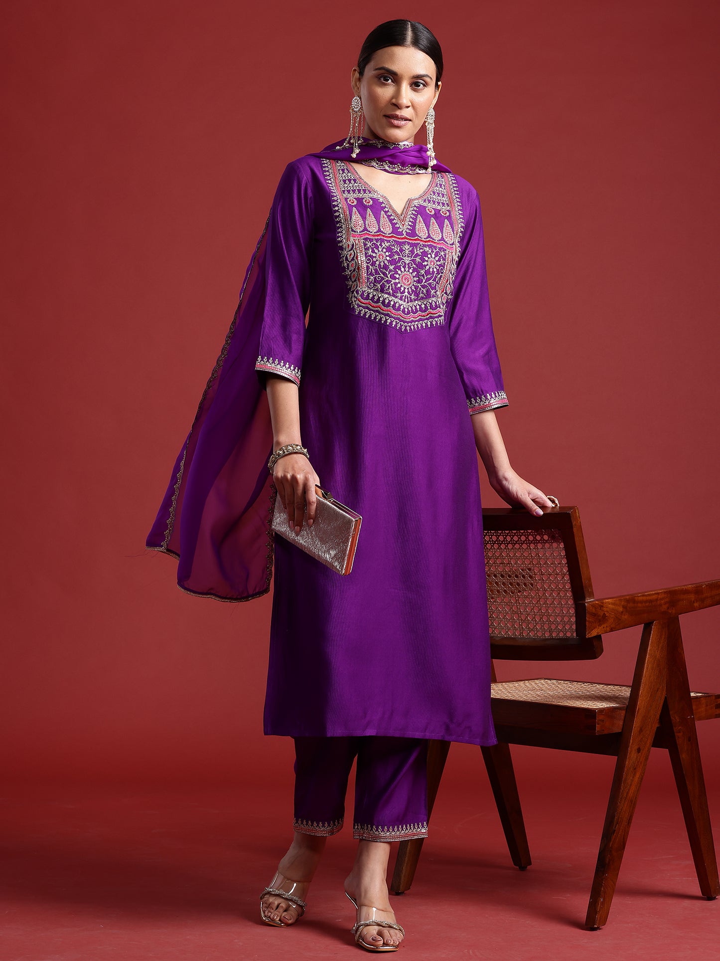 IE Purple Embroidered Straight Kurta Trousers With Dupatta set